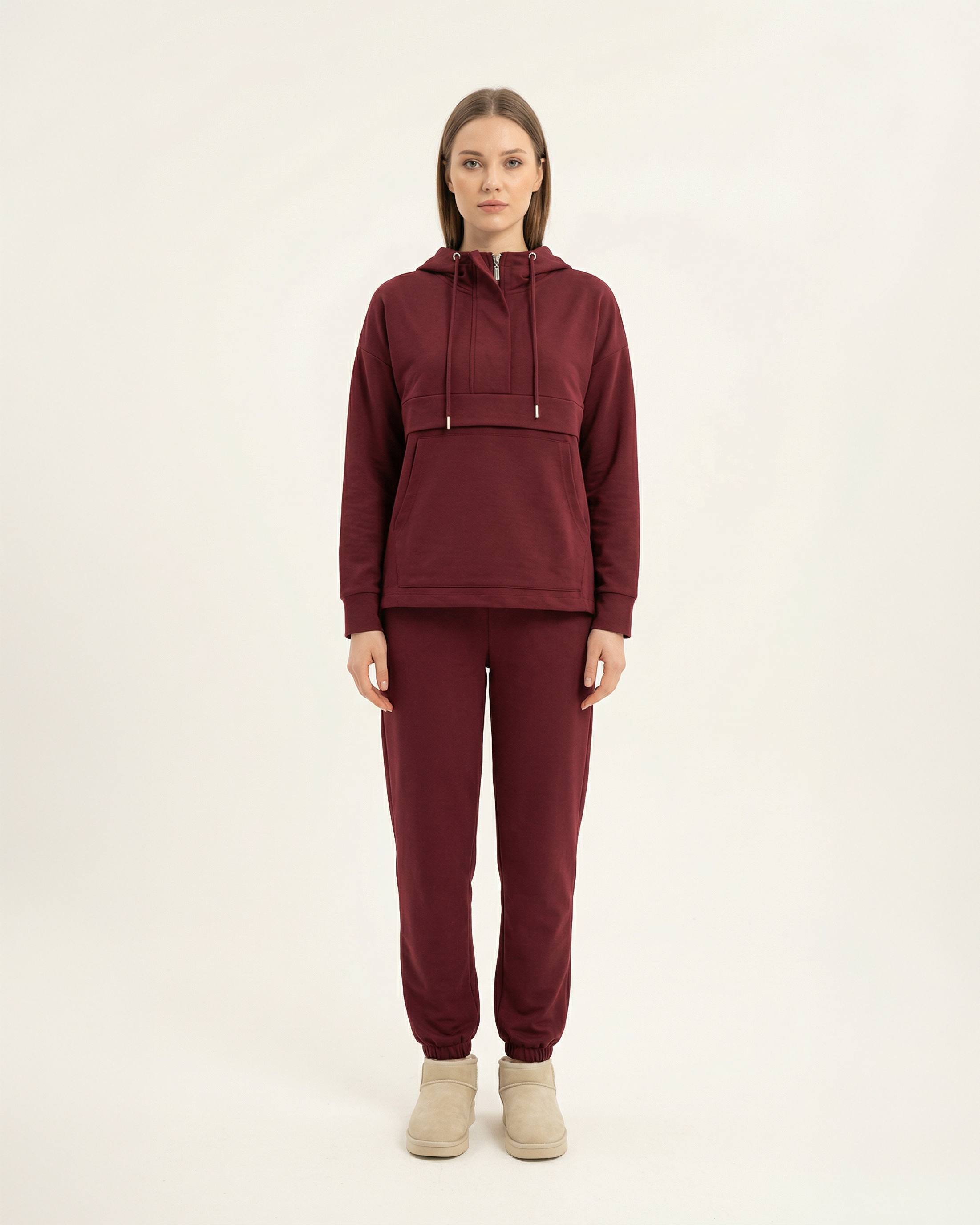 Kadın Kapüşonlu Kanguru Cepli Yarım Fermuarlı Eşofman Takımı