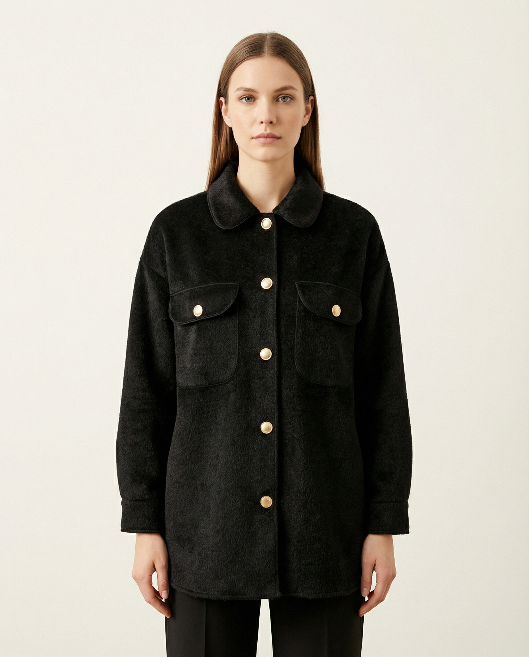 Kadın Siyah Gold Düğmeli Çift Cepli Buklet Gömlek Ceket