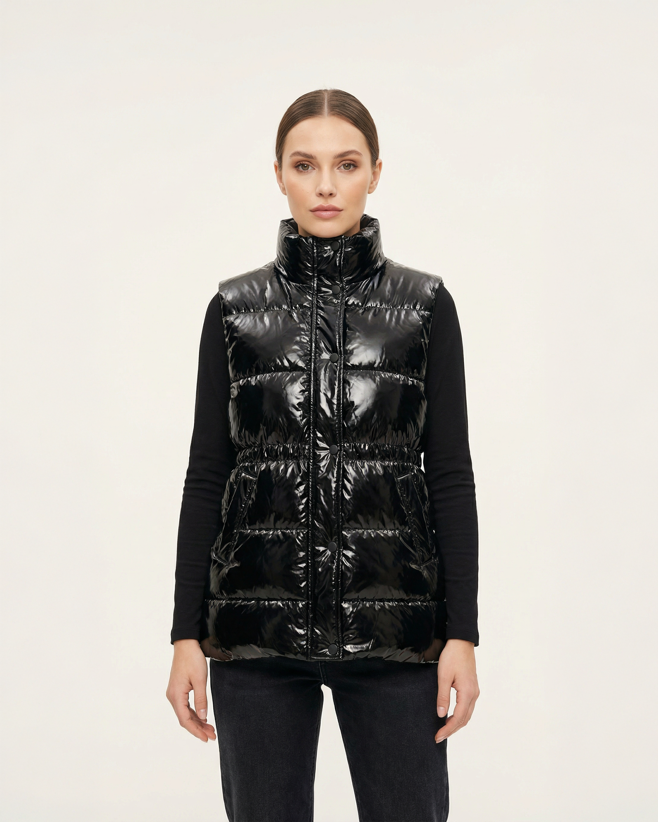 Kadın Parlak Siyah Dik Yaka Beli Lastikli Şişme Yelek