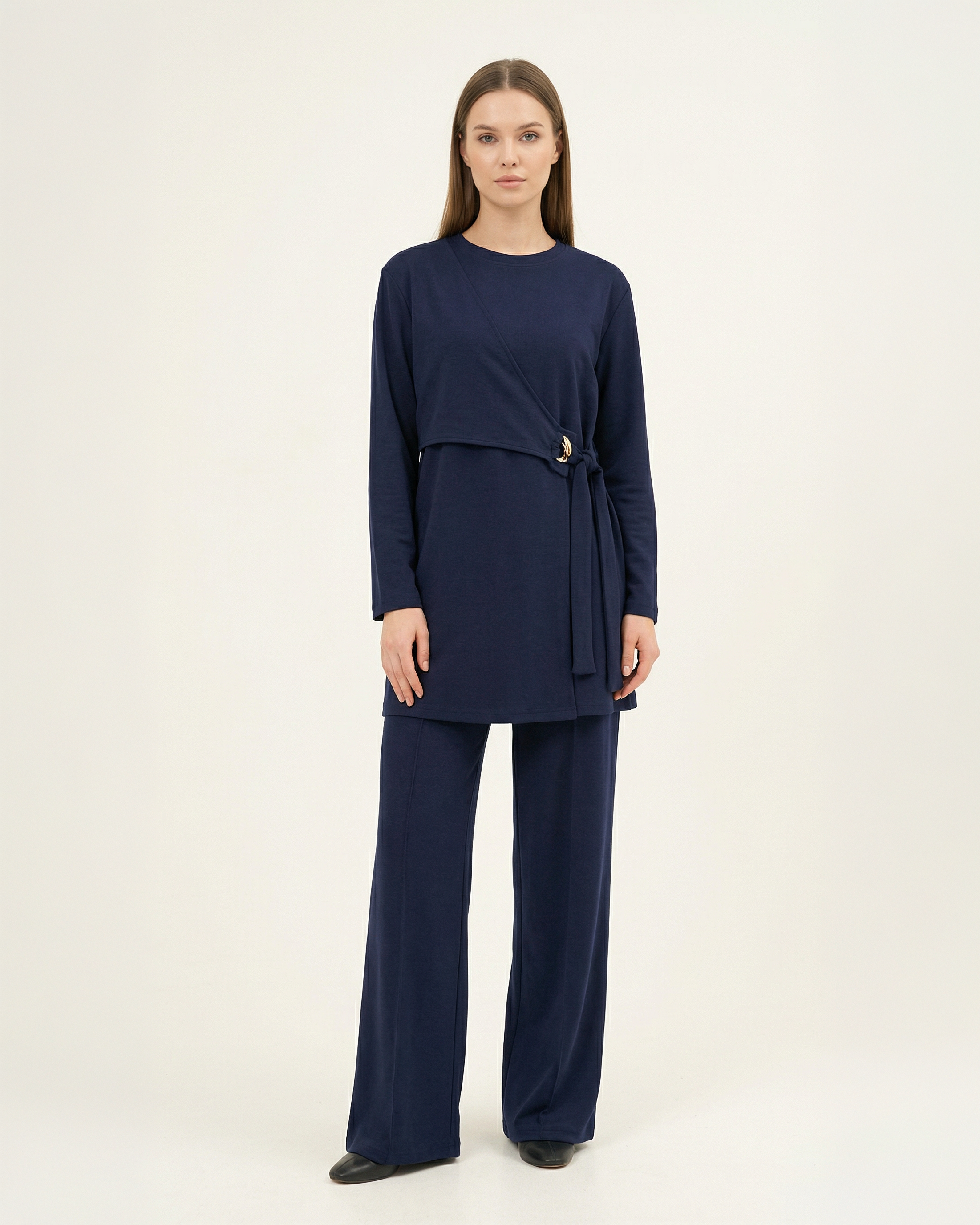 Asimetrik Kesim Toka Detaylı Nervürlü Kadın İkili Takım