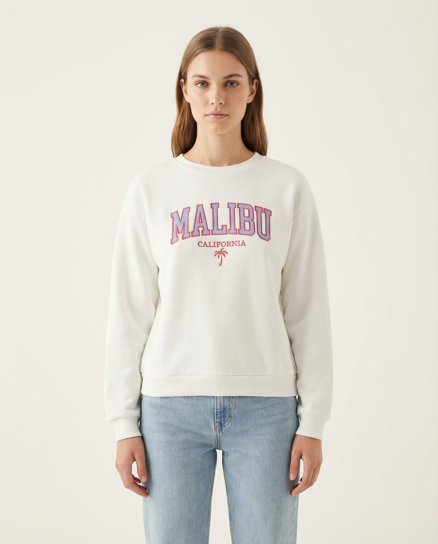 Baskılı Bisiklet Yaka Pamuklu Kadın Sweatshirt