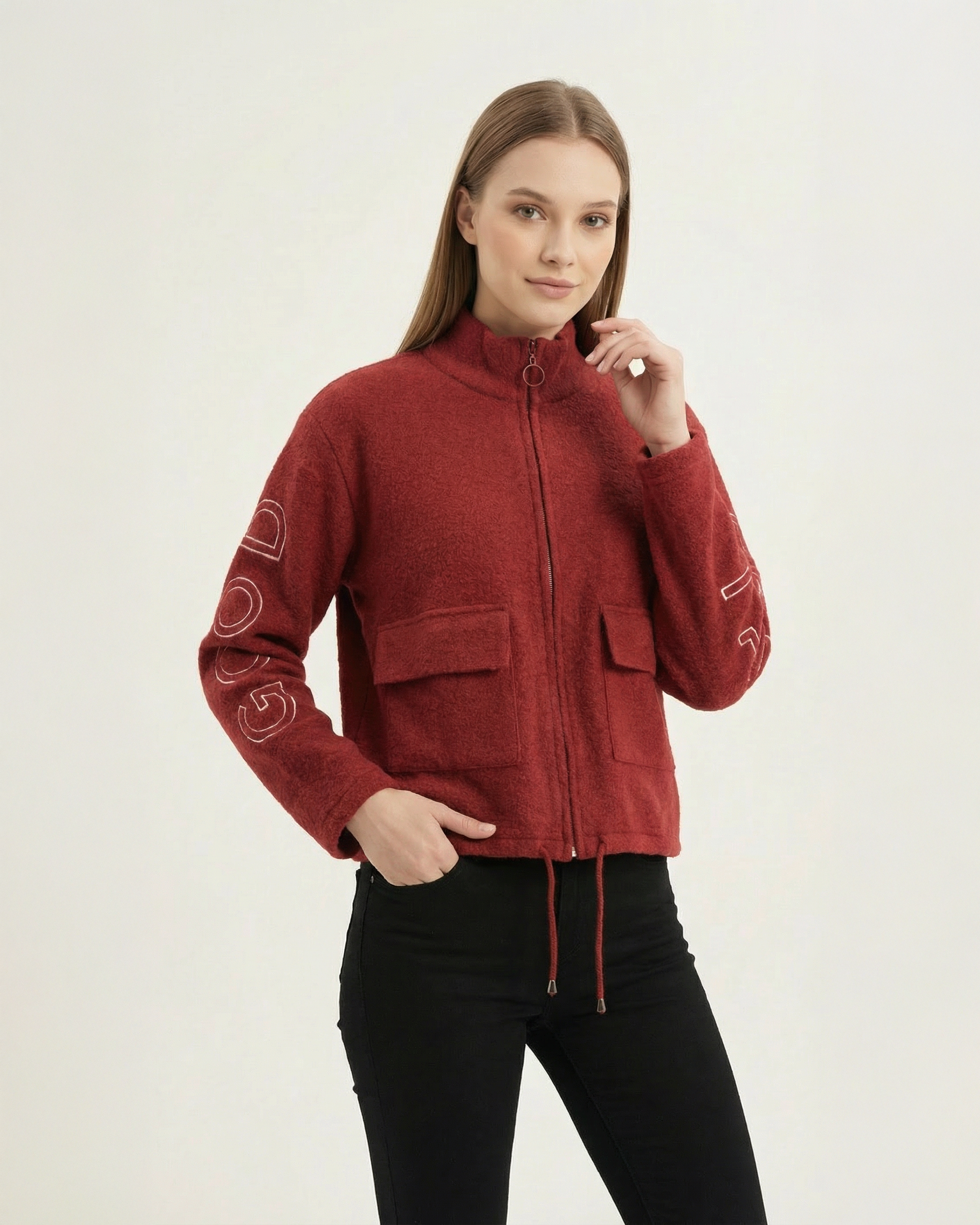 Kadın Bordo Dik Yaka Fermuarlı Good Feel Nakışlı Cepli Buklet Ceket