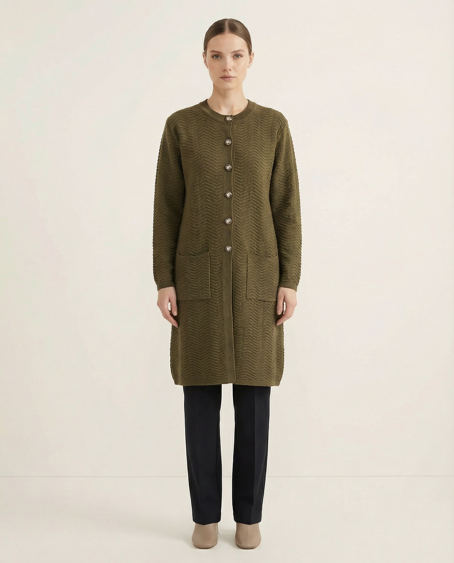 Kadın Bisiklet Yaka Düğmeli Cepli Desenli Uzun Triko Hırka