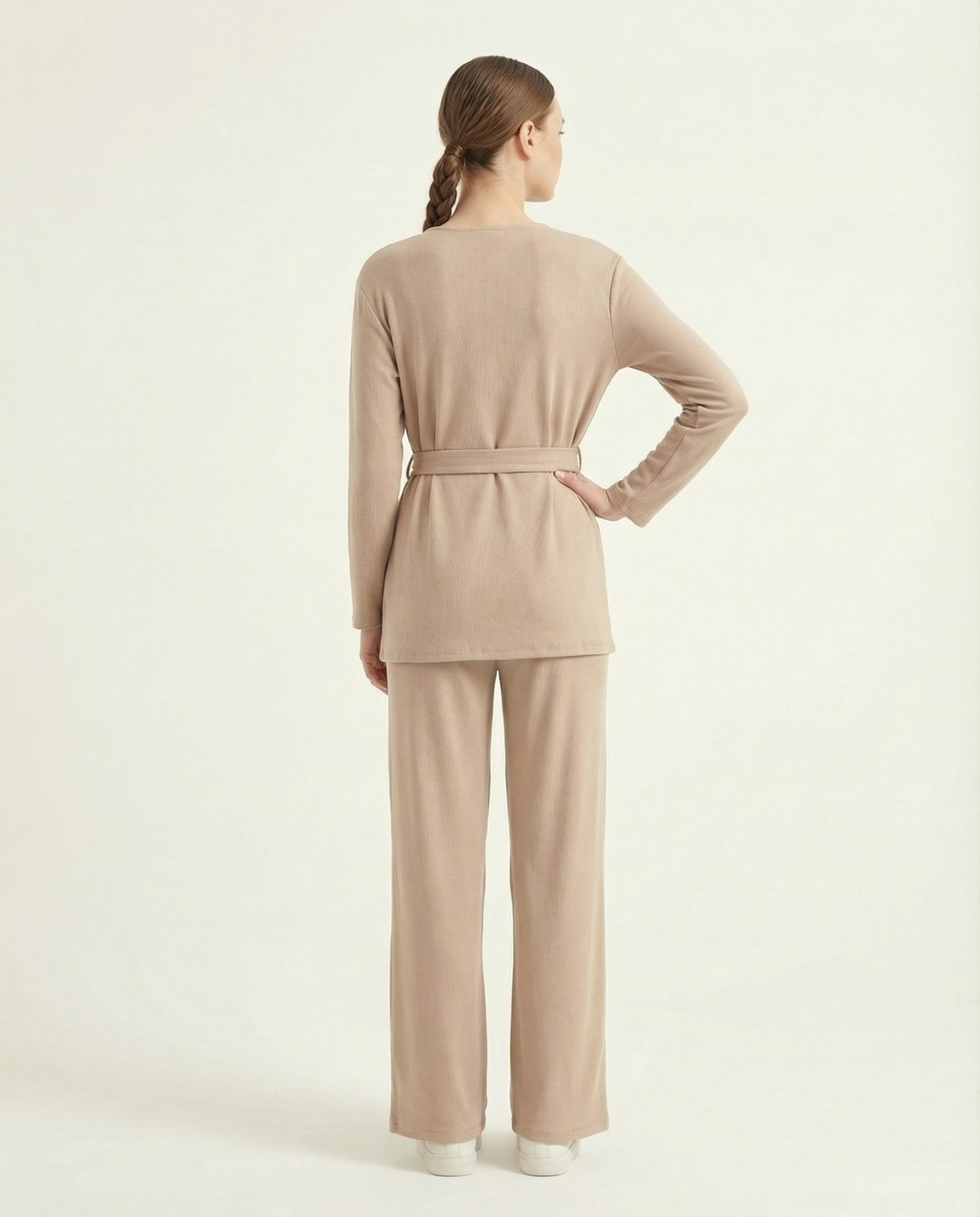 Kadın Vizon Fitilli Triko Kruvaze Yaka Kuşaklı İkili Takım