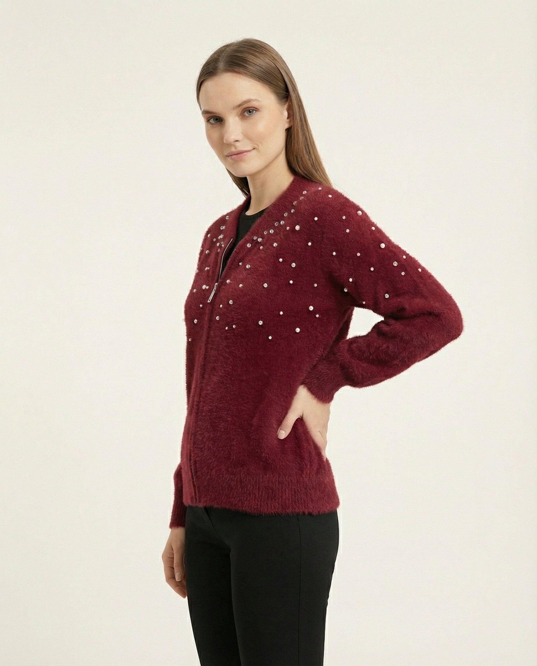 Kadın İncili ve Taşlı Fermuarlı Yumuşak Tüylü Triko Hırka Ceket