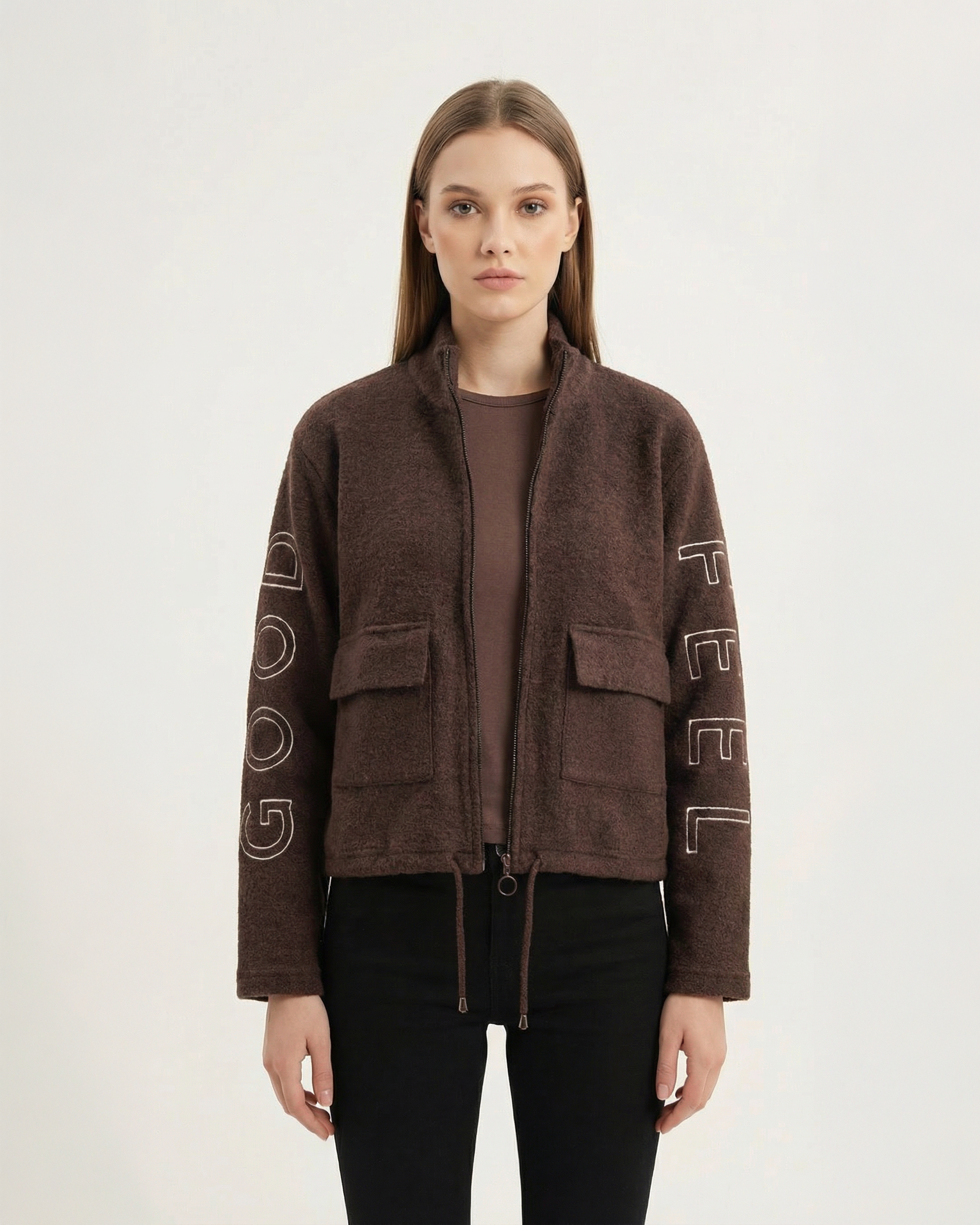 Kadın Bordo Dik Yaka Fermuarlı Good Feel Nakışlı Cepli Buklet Ceket