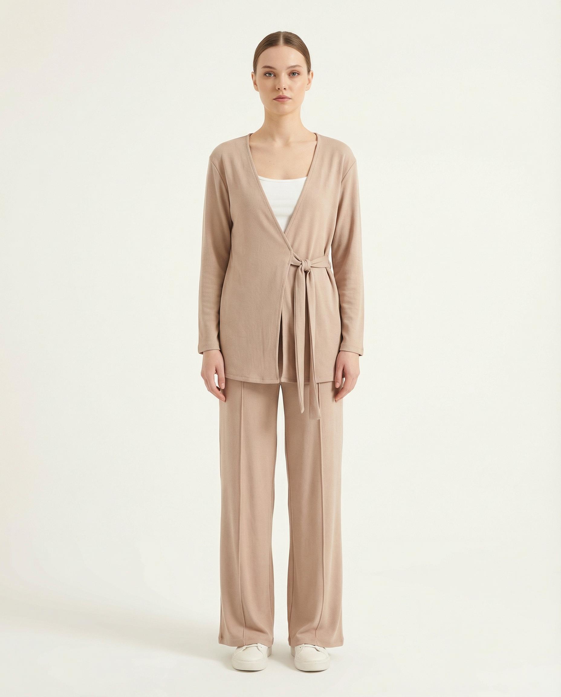 Kadın Vizon Fitilli Triko Kruvaze Yaka Kuşaklı İkili Takım