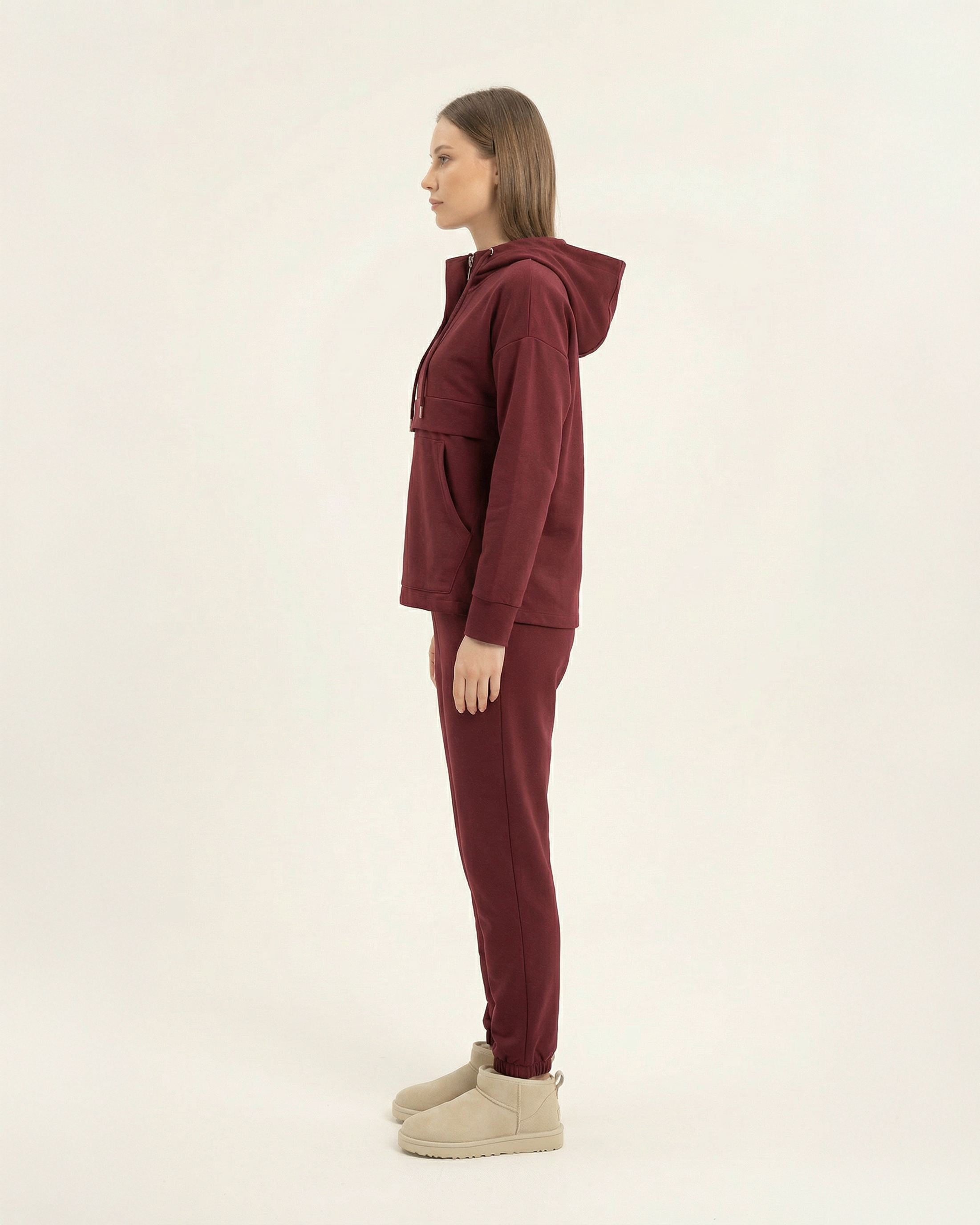 Kadın Kapüşonlu Kanguru Cepli Yarım Fermuarlı Eşofman Takımı