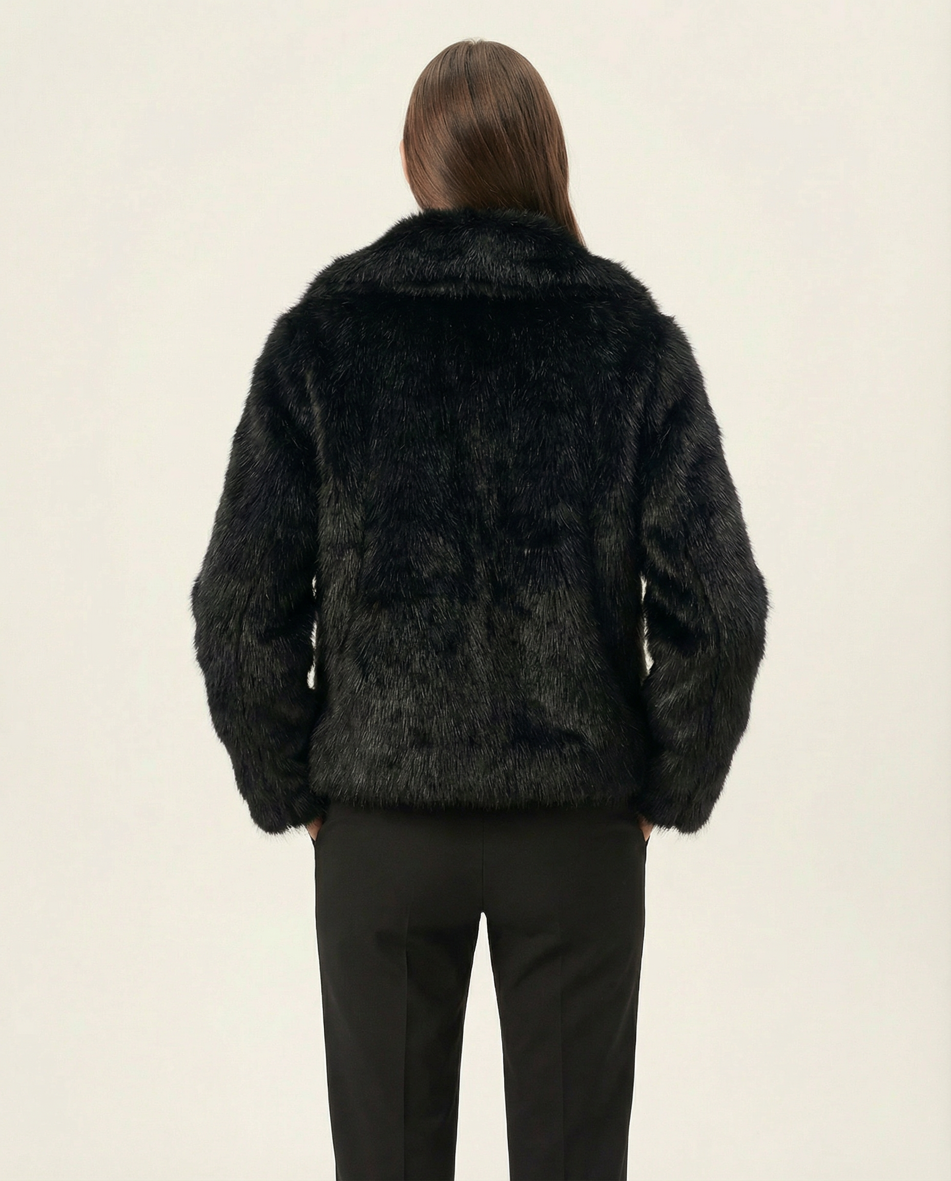Kadın Siyah Geniş Yaka Premium Yapay Kürk Ceket