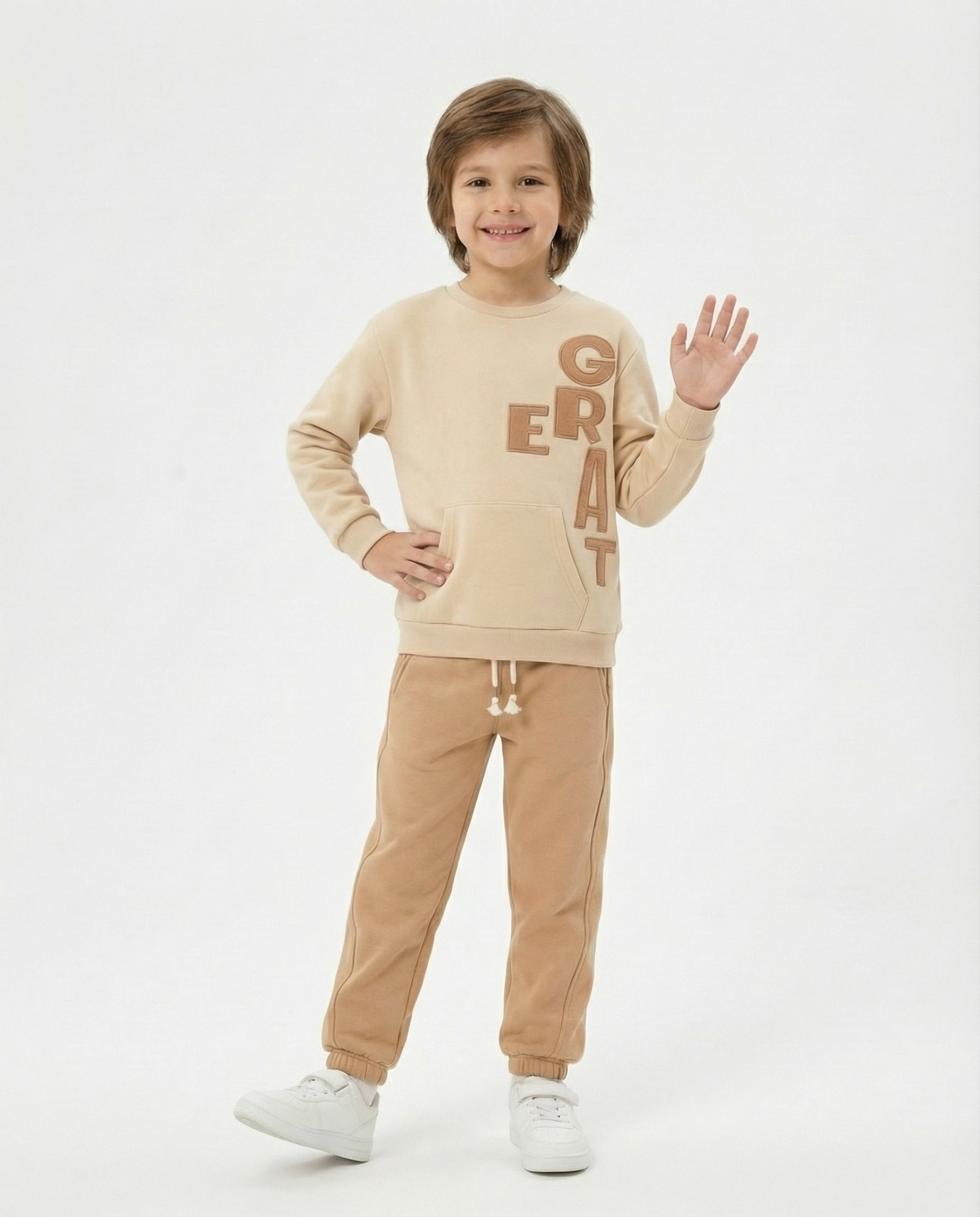 Erkek Çocuk Yazılı Bej Eşofman Takımı