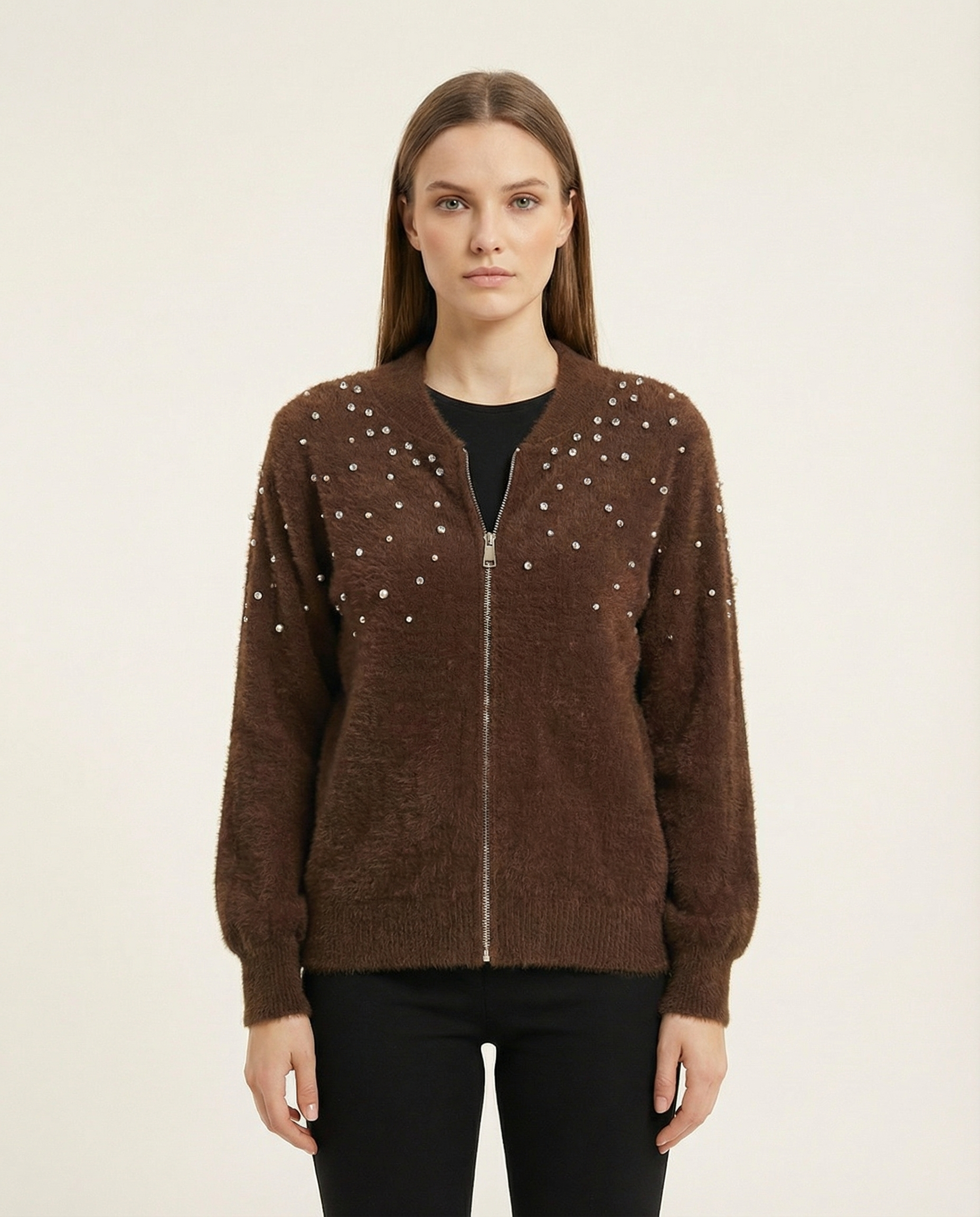 Kadın İncili ve Taşlı Fermuarlı Yumuşak Tüylü Triko Hırka Ceket