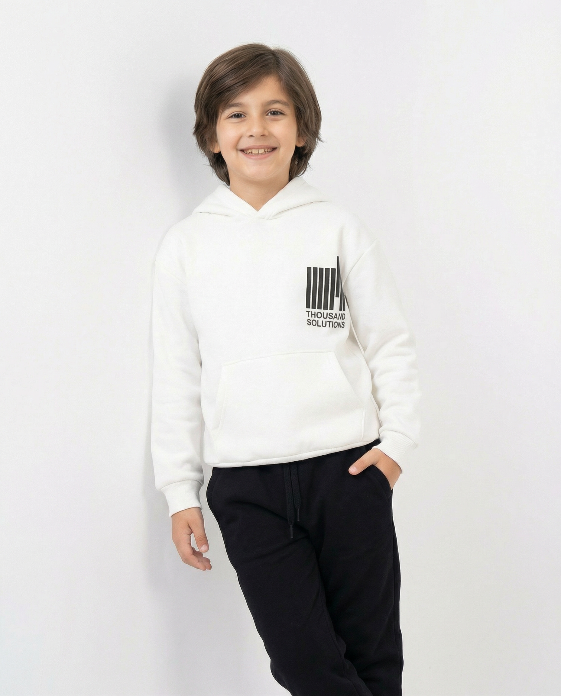 Baskılı Kanguru Cepli Beyaz Erkek Çocuk Kapüşonlu Takım