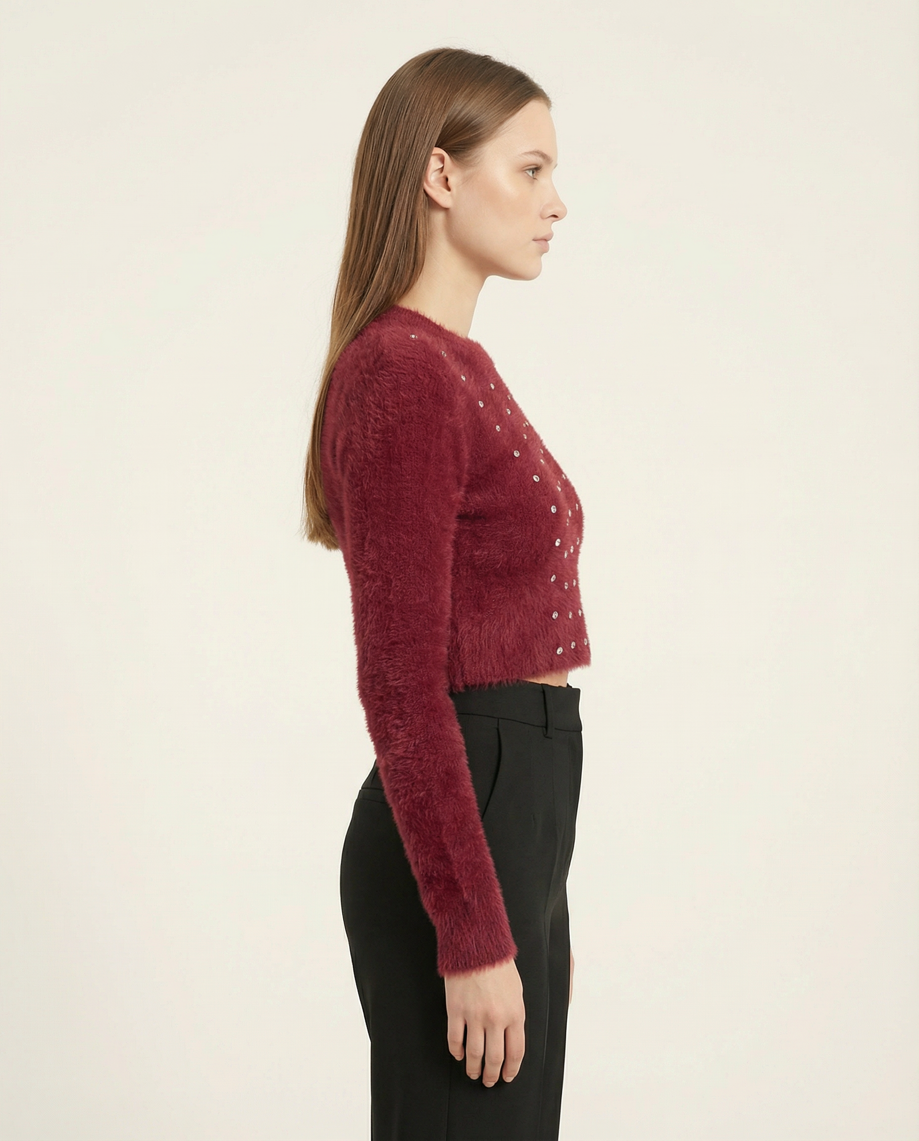 Taş İşlemeli Tüylü Dokulu Bisiklet Yaka Kadın Crop Kazak