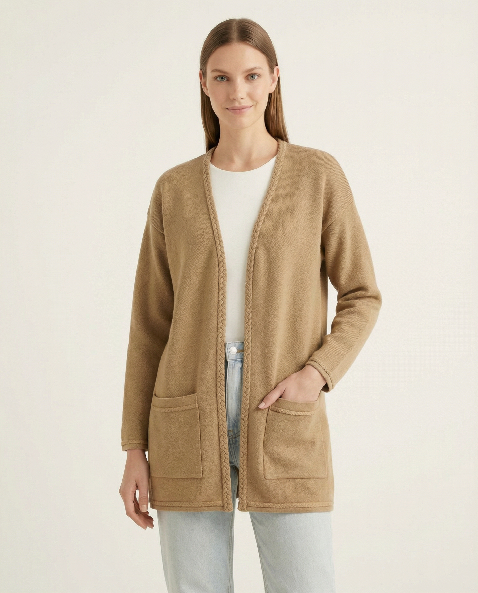 Kadın Rahat Kesim Önü Açık Uzun Triko Hırka