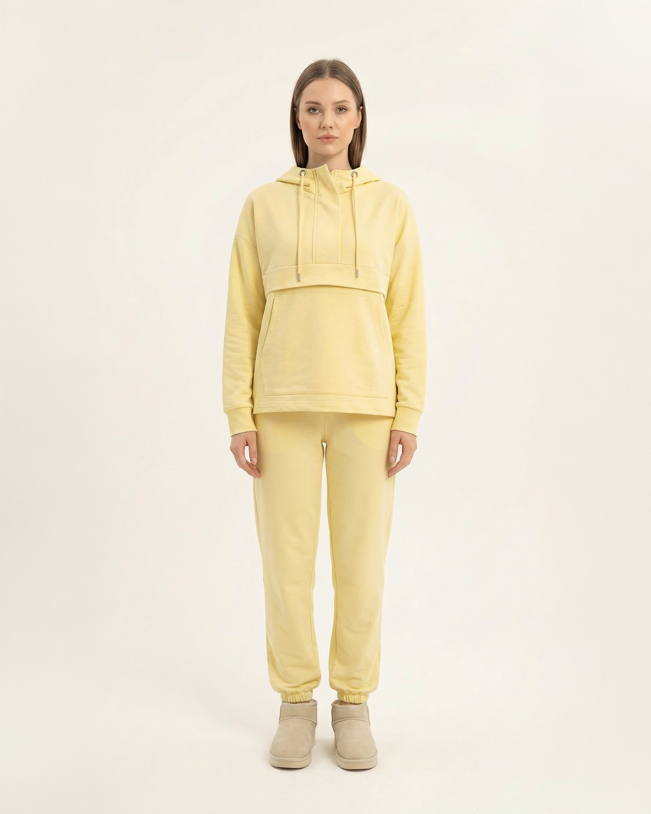 Kadın Kapüşonlu Kanguru Cepli Yarım Fermuarlı Eşofman Takımı