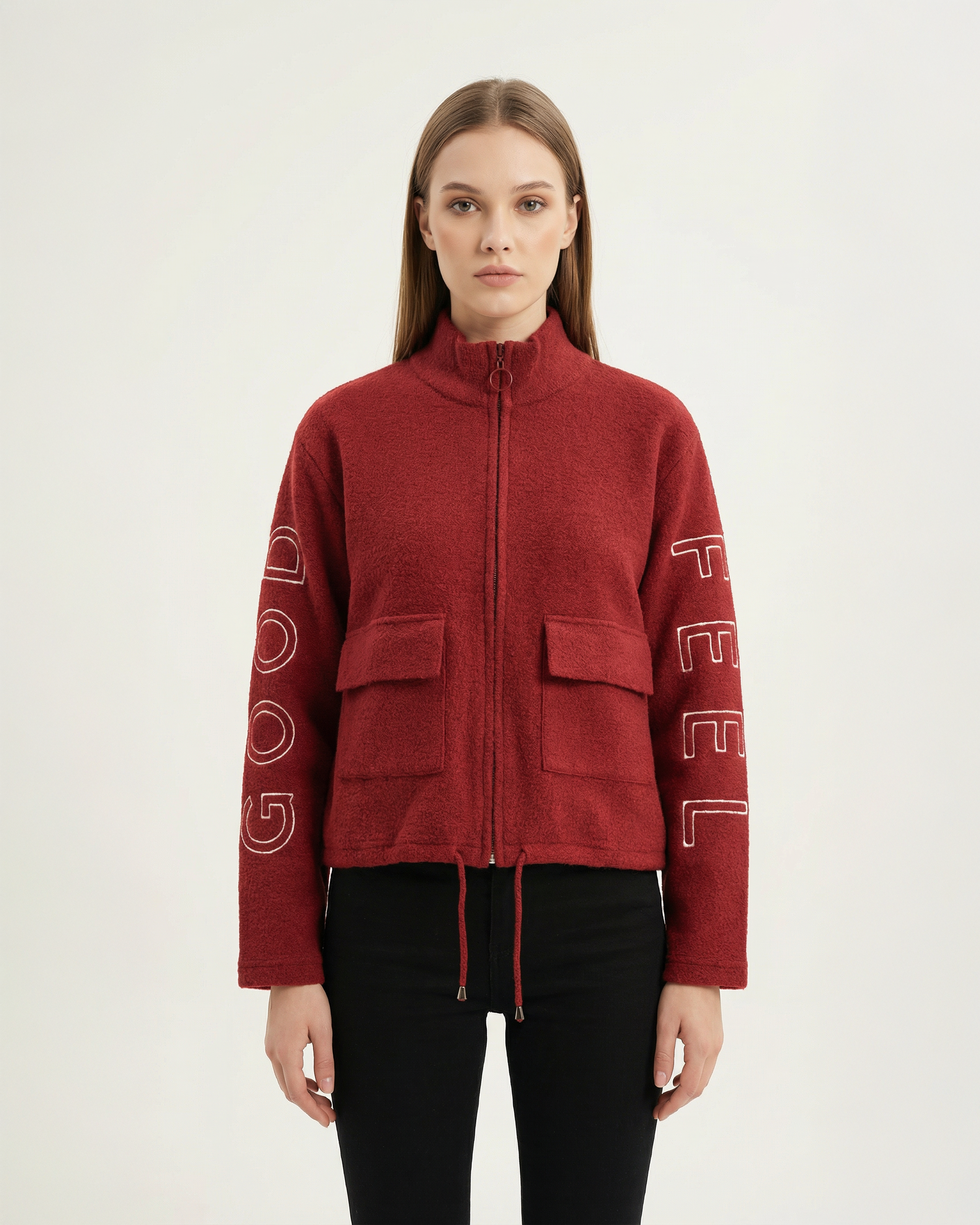 Kadın Bordo Dik Yaka Fermuarlı Good Feel Nakışlı Cepli Buklet Ceket