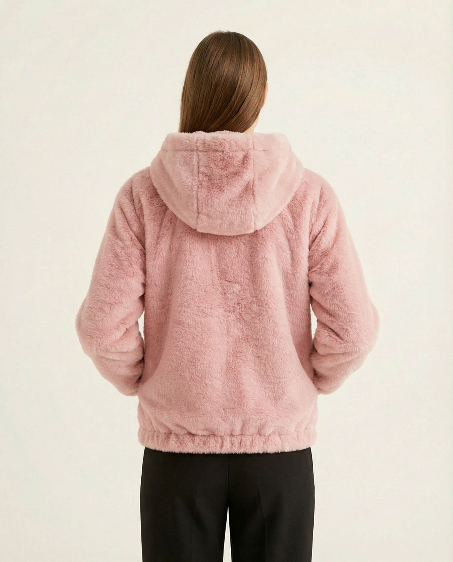 Yumuşak Dokulu Kapüşonlu Fermuarlı Kadın Peluş Mont Ceket