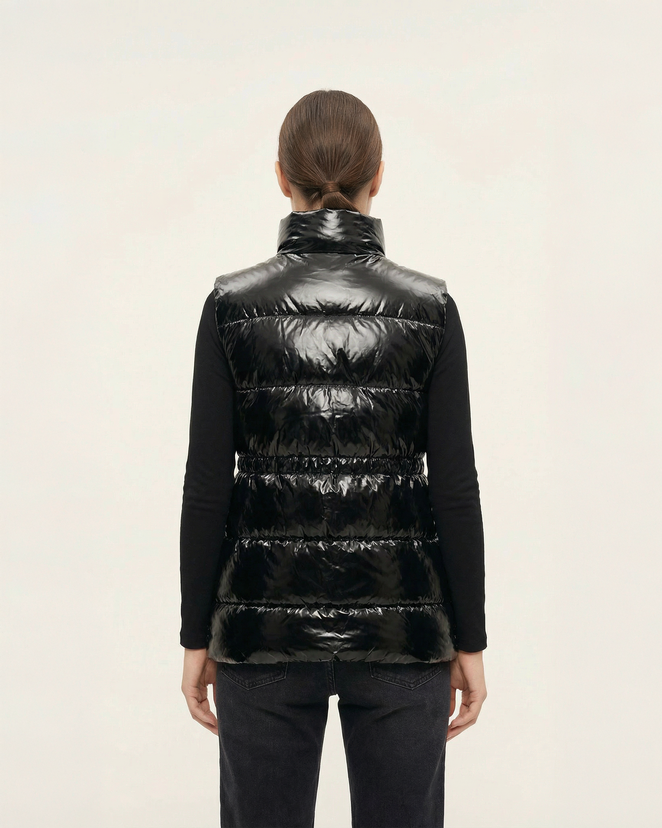 Kadın Parlak Siyah Dik Yaka Beli Lastikli Şişme Yelek