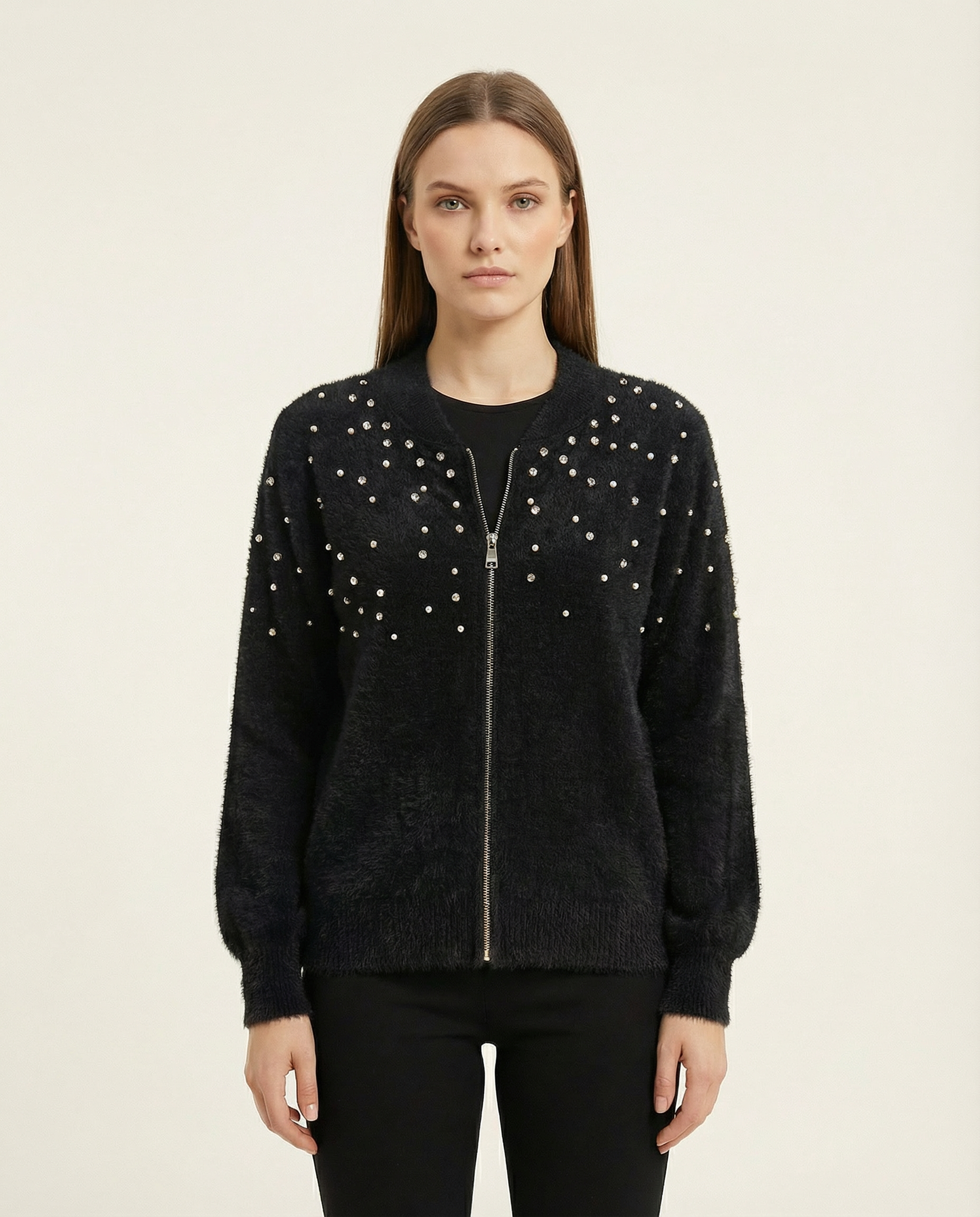 Kadın İncili ve Taşlı Fermuarlı Yumuşak Tüylü Triko Hırka Ceket