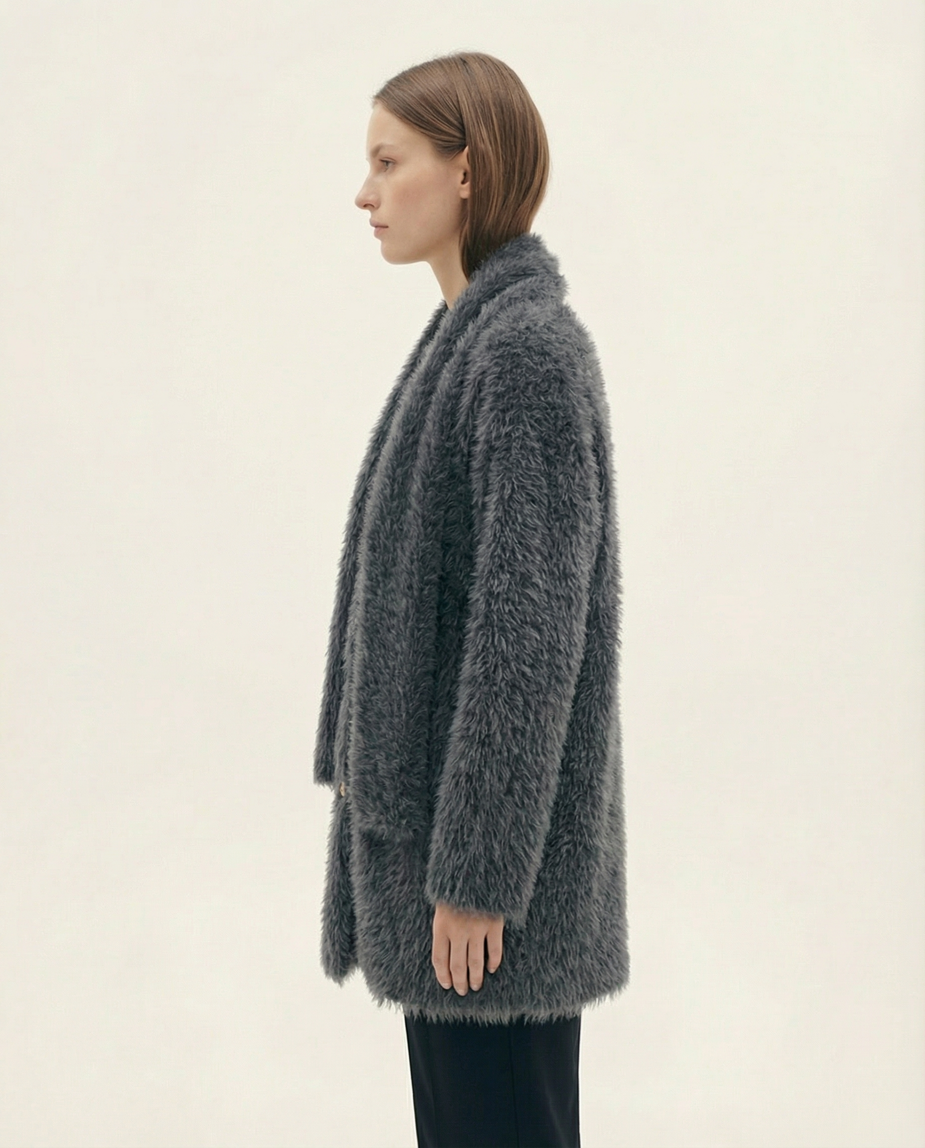 Antrasit Tüylü Dokulu Altın Düğmeli Bisiklet Yaka Şık Kadın Hırka