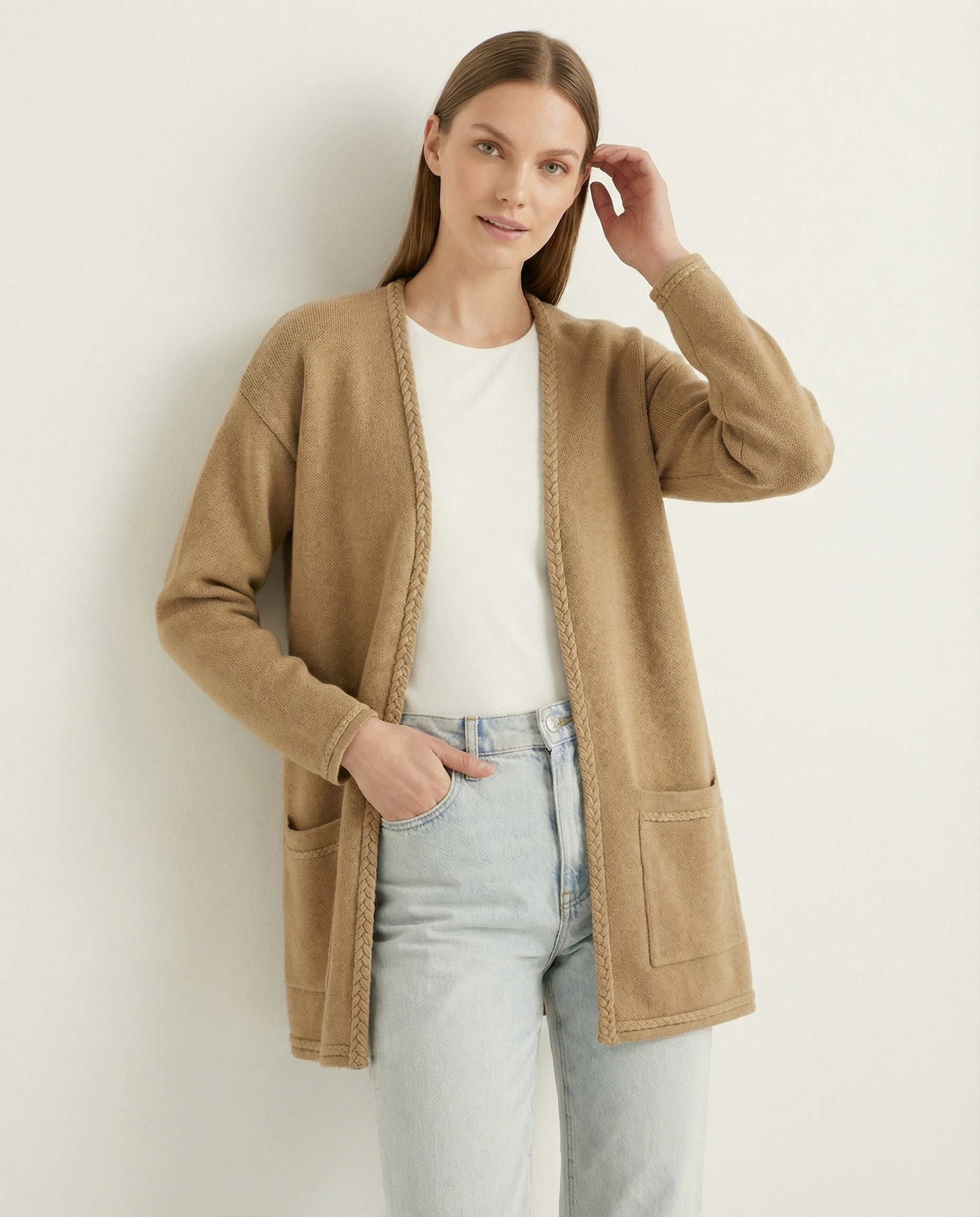 Kadın Rahat Kesim Önü Açık Uzun Triko Hırka