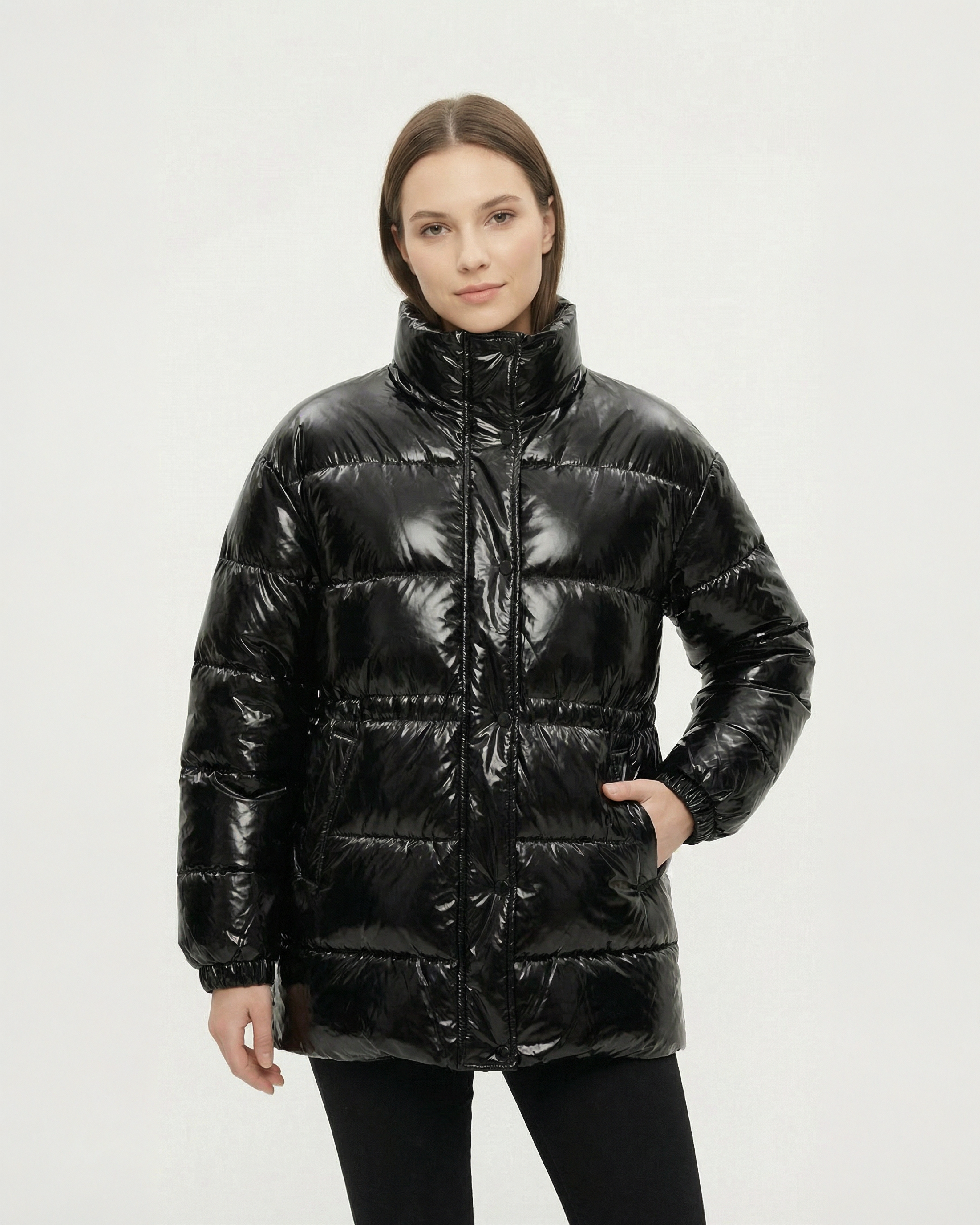 Kadın Parlak Siyah Şişme Mont