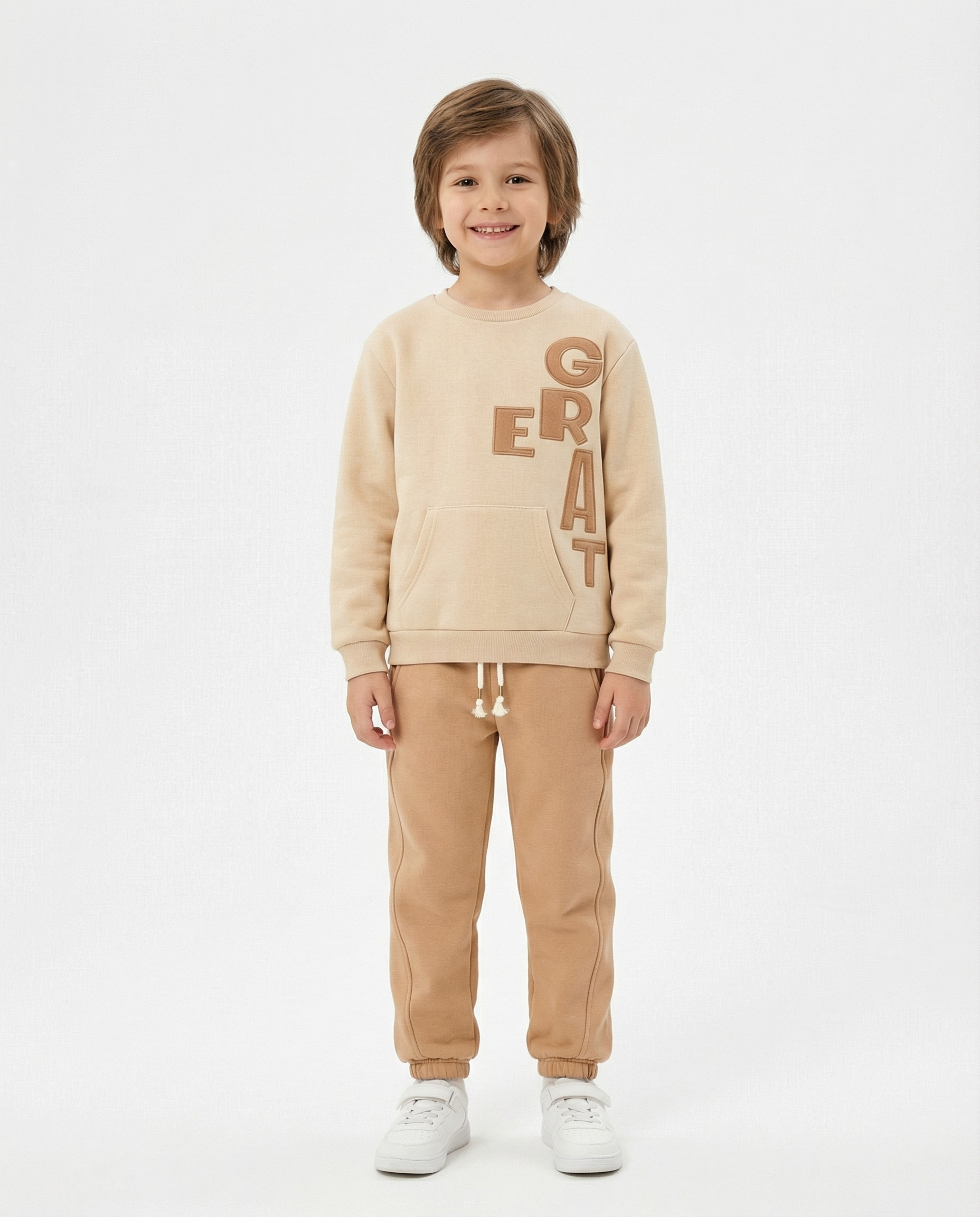 Erkek Çocuk Yazılı Bej Eşofman Takımı
