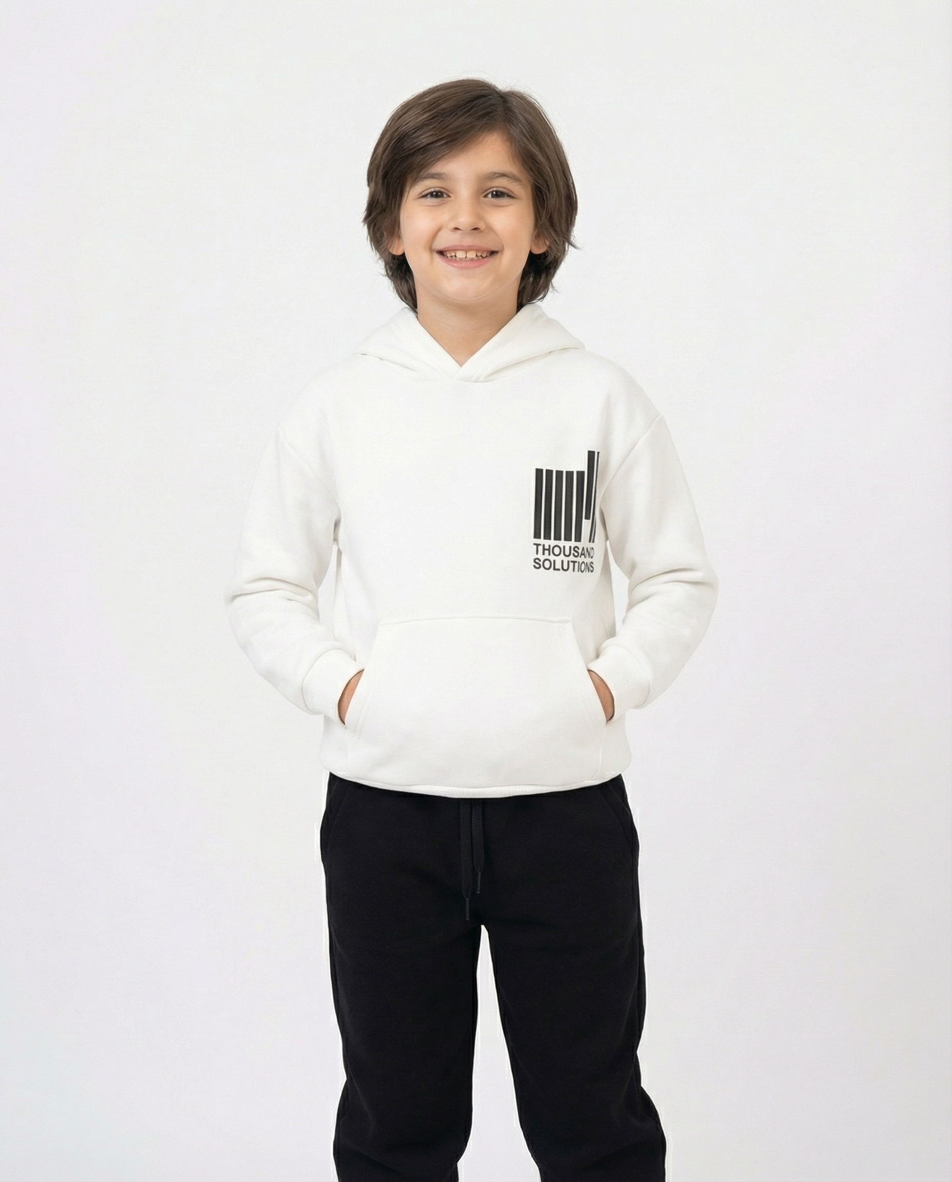 Baskılı Kanguru Cepli Beyaz Erkek Çocuk Kapüşonlu Takım