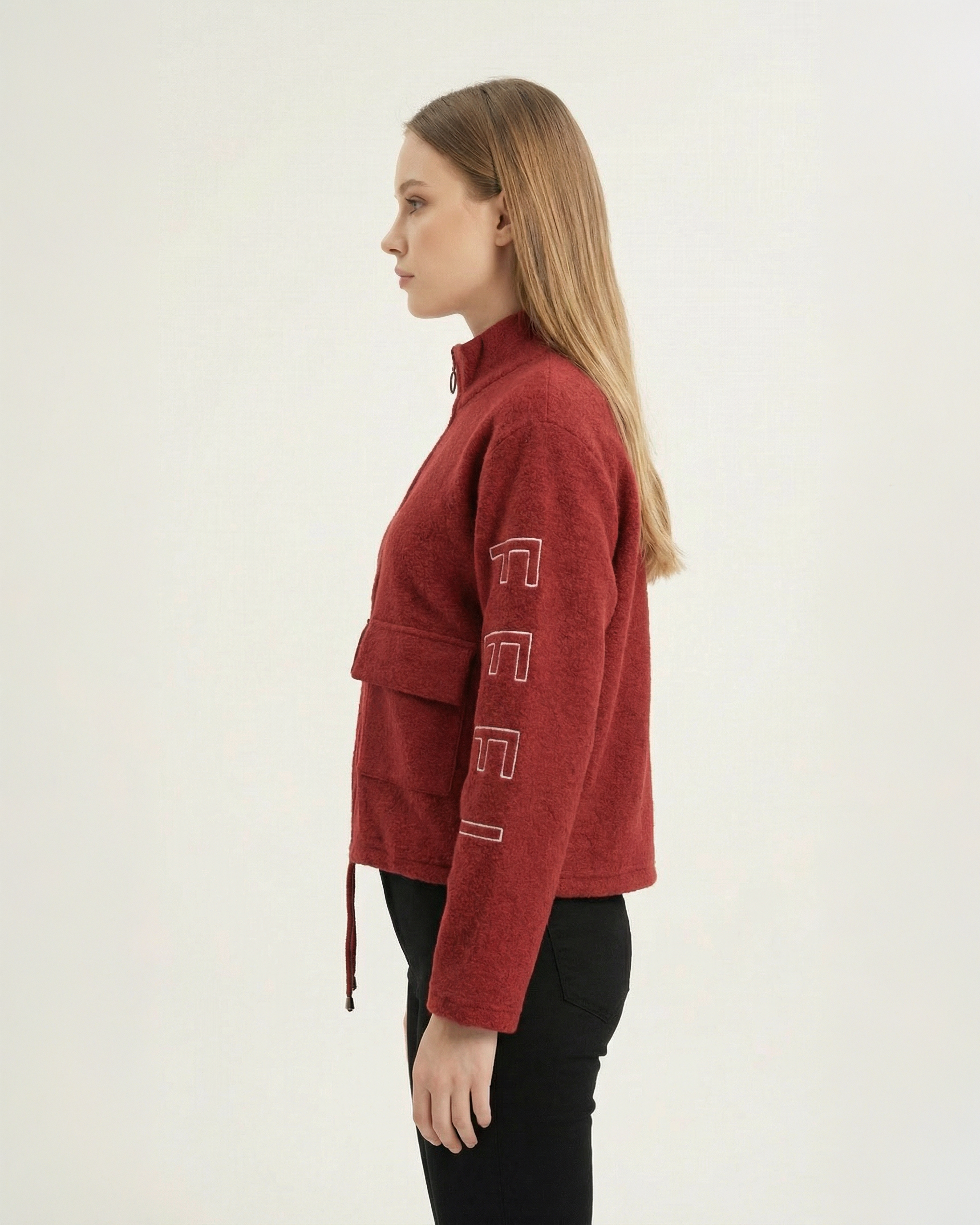 Kadın Bordo Dik Yaka Fermuarlı Good Feel Nakışlı Cepli Buklet Ceket