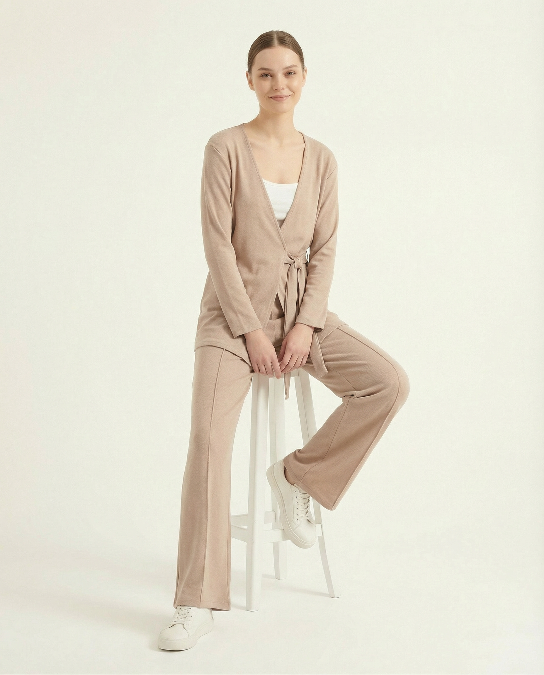 Kadın Vizon Fitilli Triko Kruvaze Yaka Kuşaklı İkili Takım