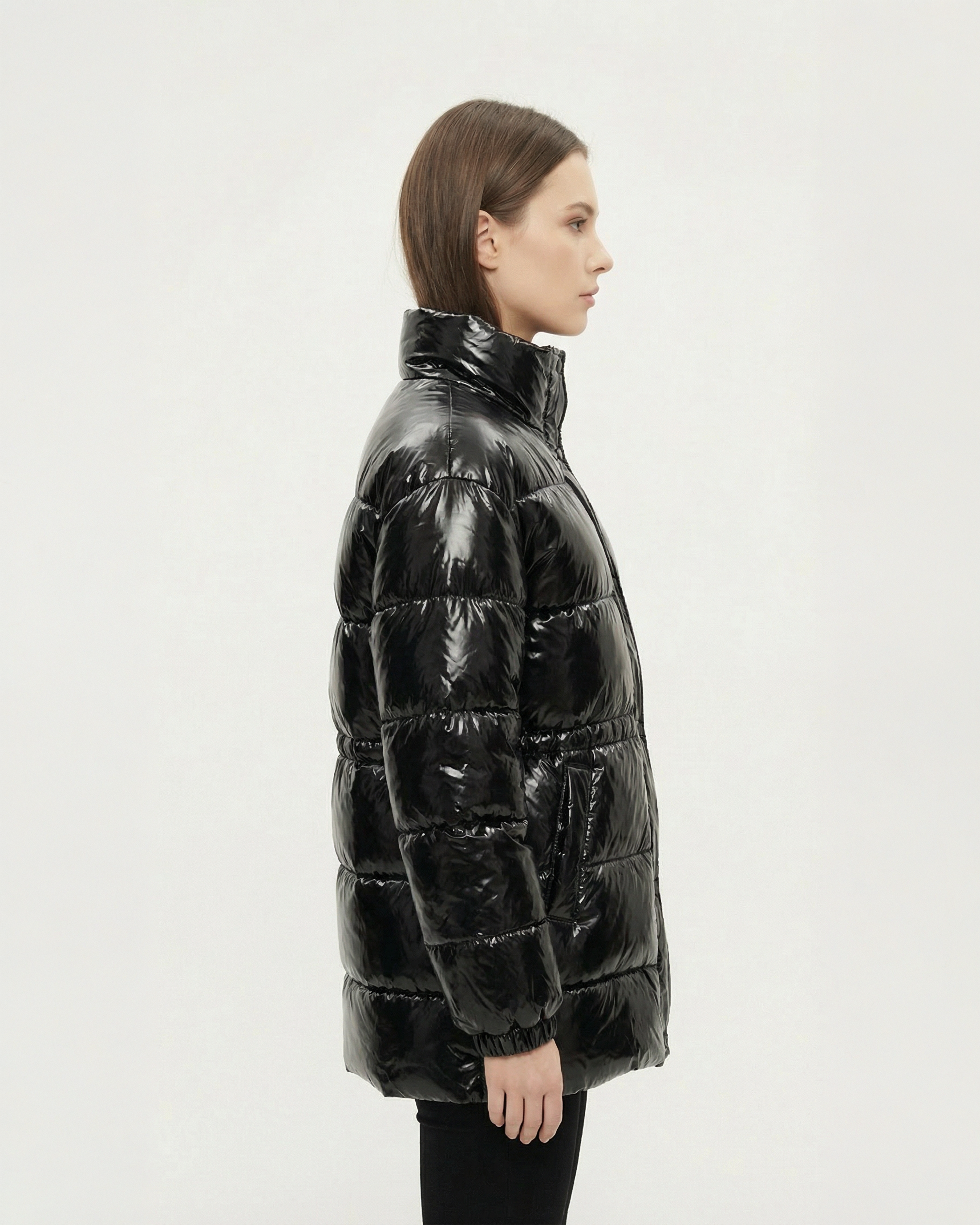 Kadın Parlak Siyah Şişme Mont