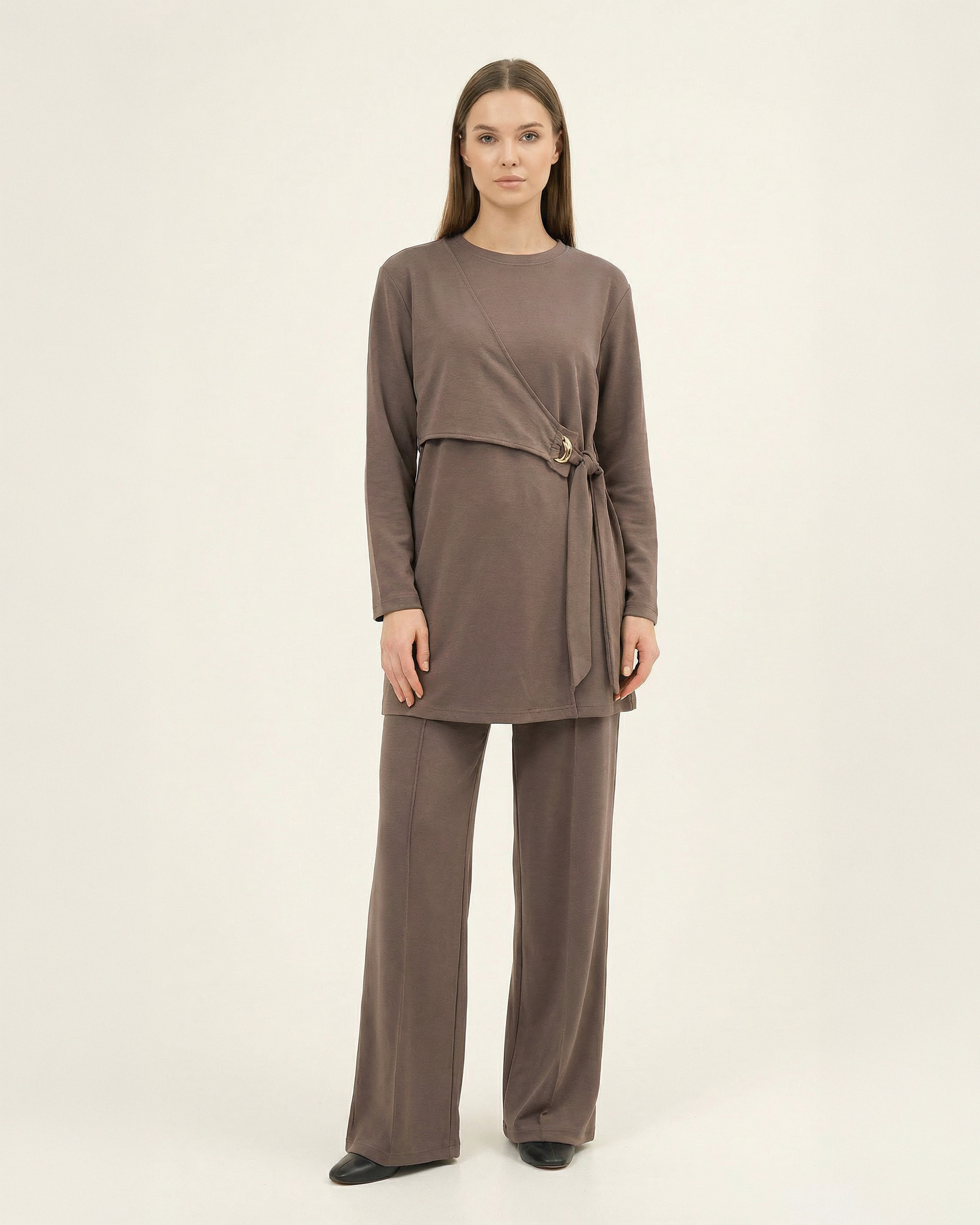 Asimetrik Kesim Toka Detaylı Nervürlü Kadın İkili Takım