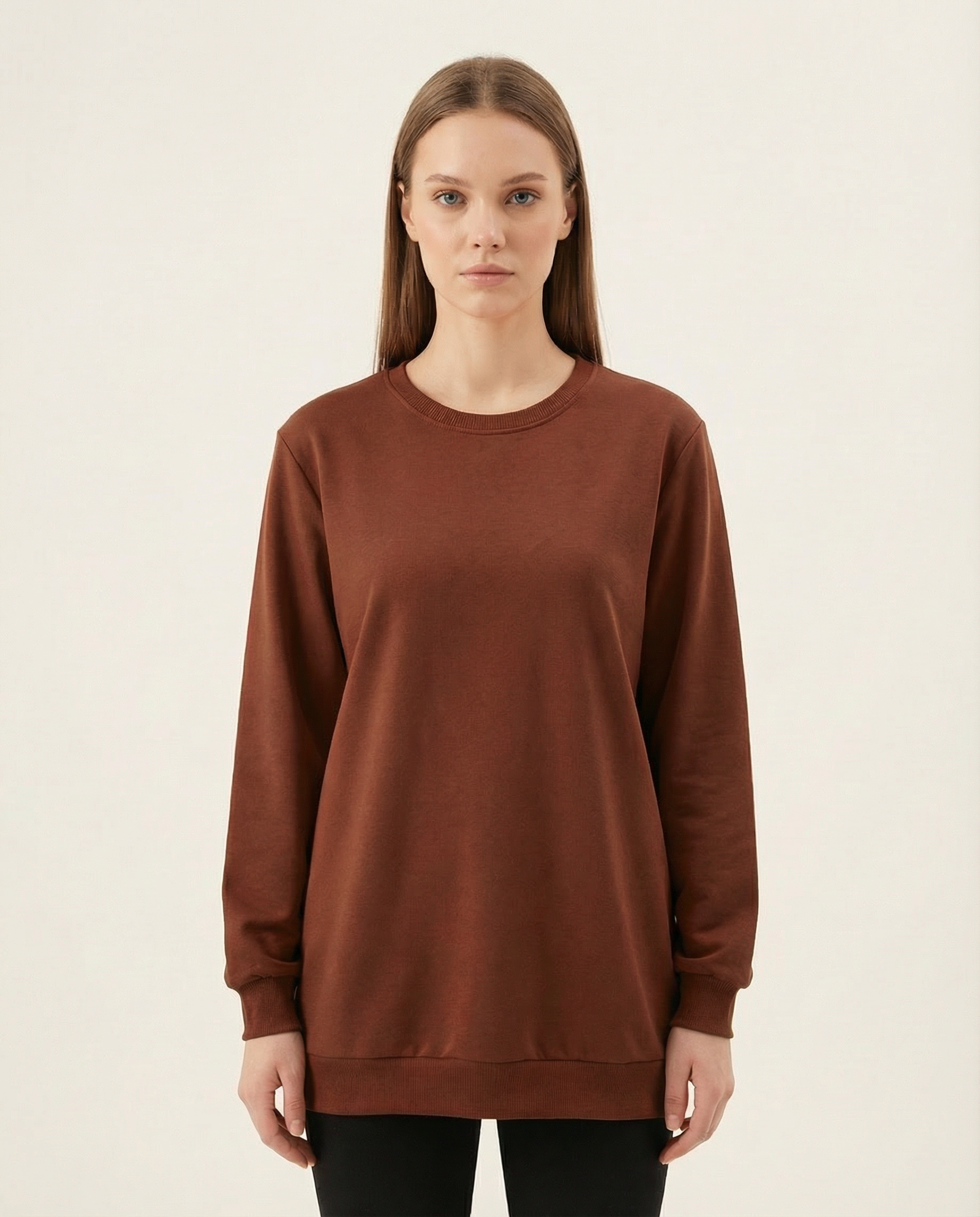 Kadın Bisiklet Yaka Basic Sweatshirt Uzun Kollu