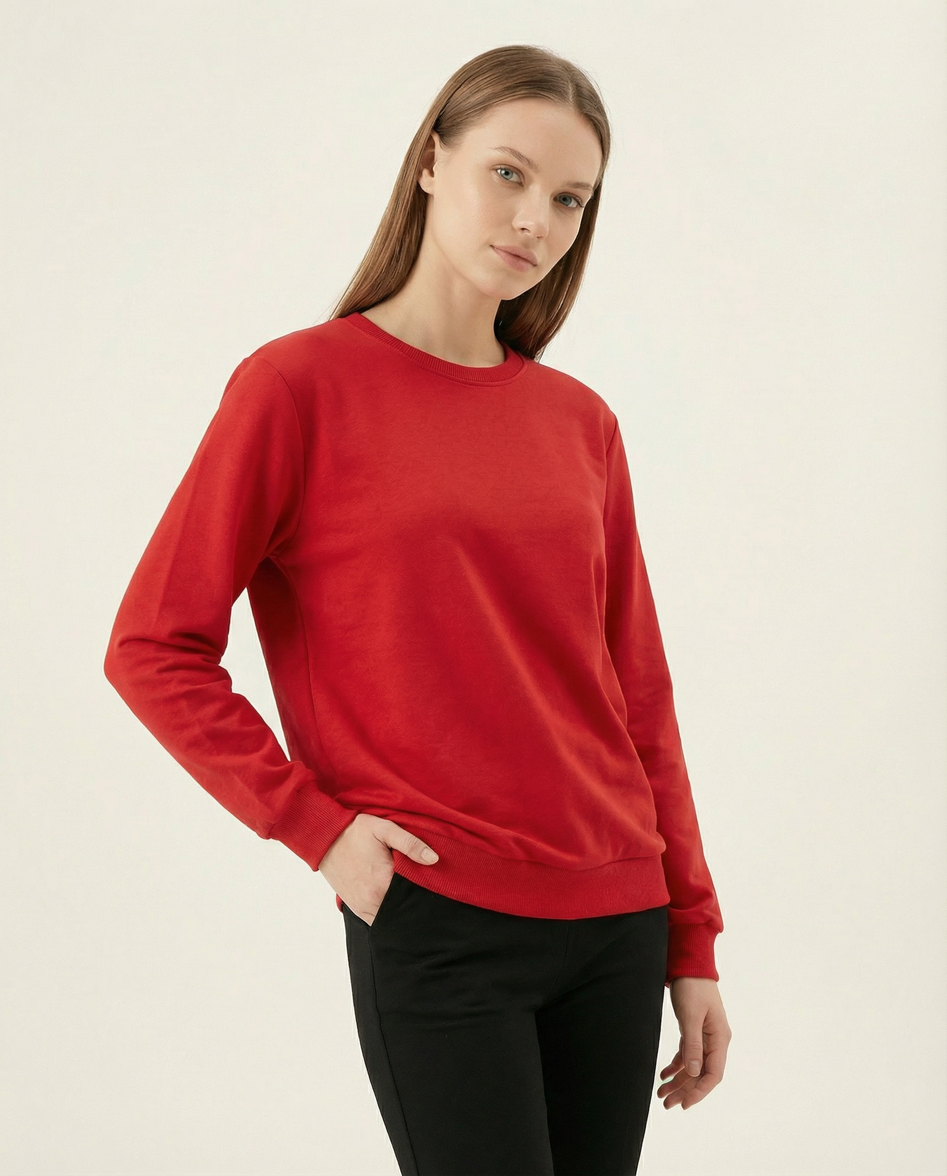 Kadın Bisiklet Yaka Basic Sweatshirt Uzun Kollu