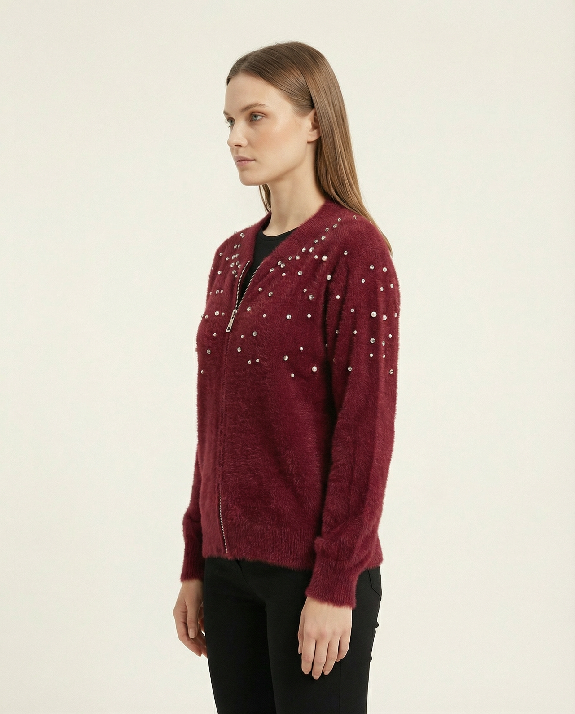 Kadın İncili ve Taşlı Fermuarlı Yumuşak Tüylü Triko Hırka Ceket