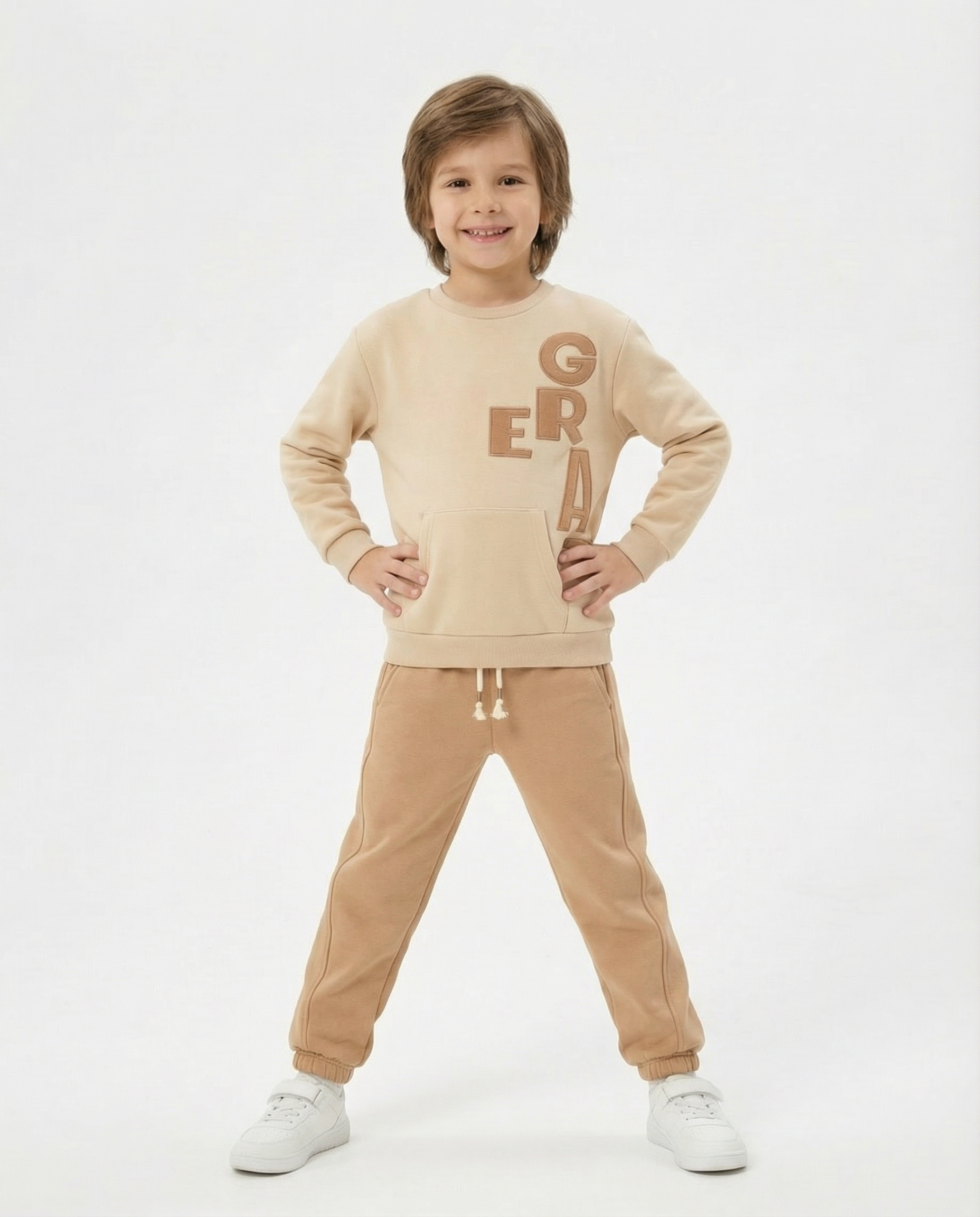 Erkek Çocuk Yazılı Bej Eşofman Takımı