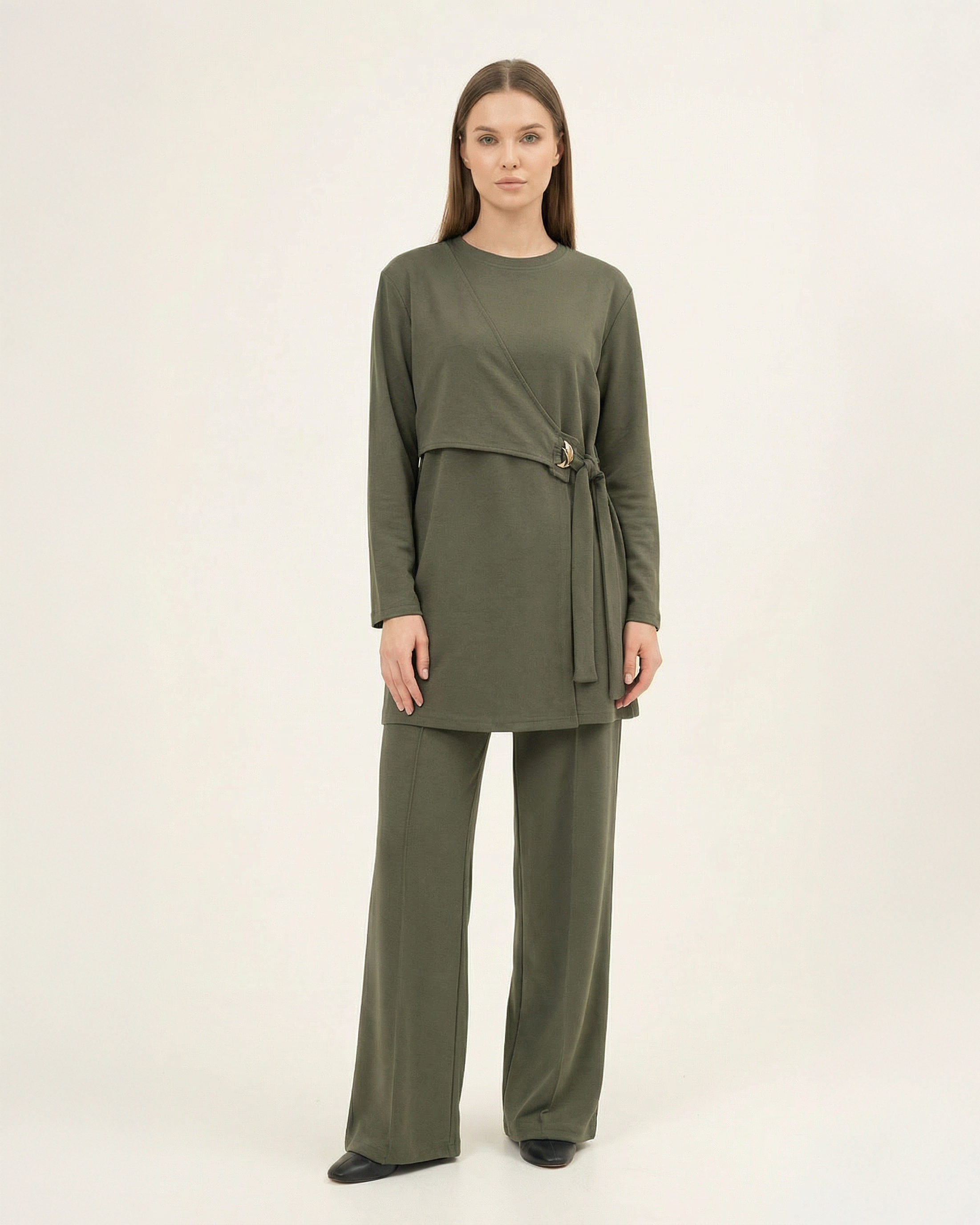 Asimetrik Kesim Toka Detaylı Nervürlü Kadın İkili Takım