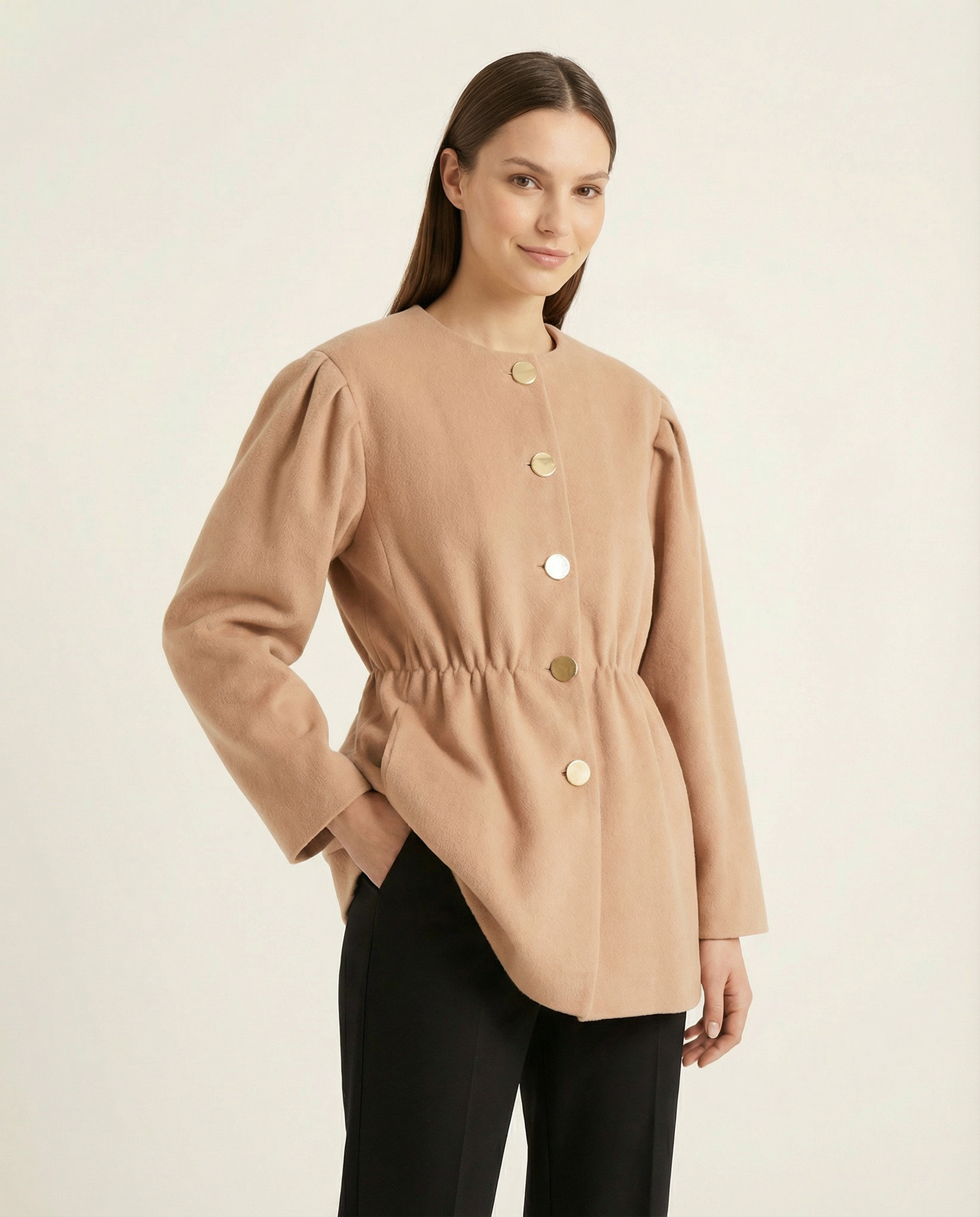 Gold Düğmeli Beli Büzgülü Bisiklet Yaka Kadın Kaşe Ceket