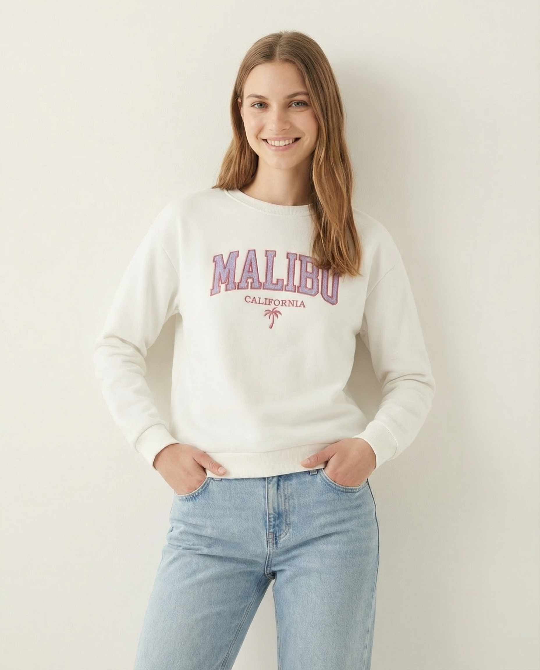 Baskılı Bisiklet Yaka Pamuklu Kadın Sweatshirt