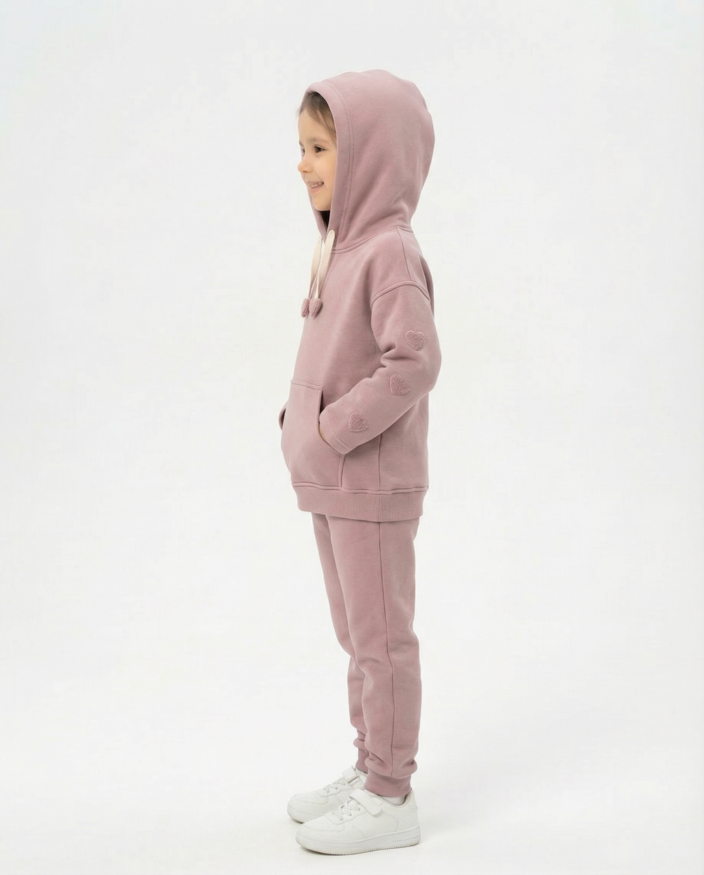Kız Çocuk Kalp Detaylı Kapüşonlu Pamuklu Eşofman Takımı