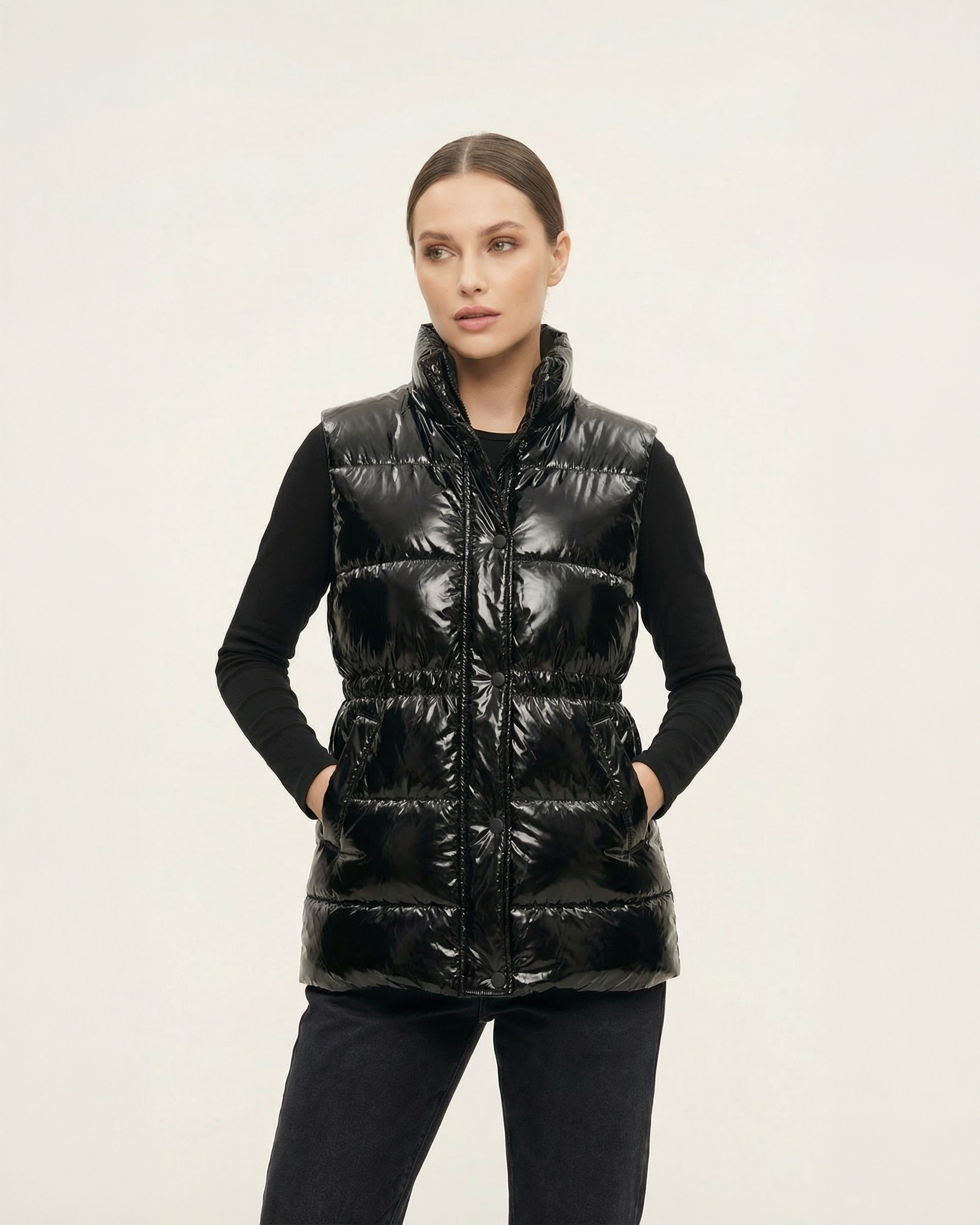 Kadın Parlak Siyah Dik Yaka Beli Lastikli Şişme Yelek