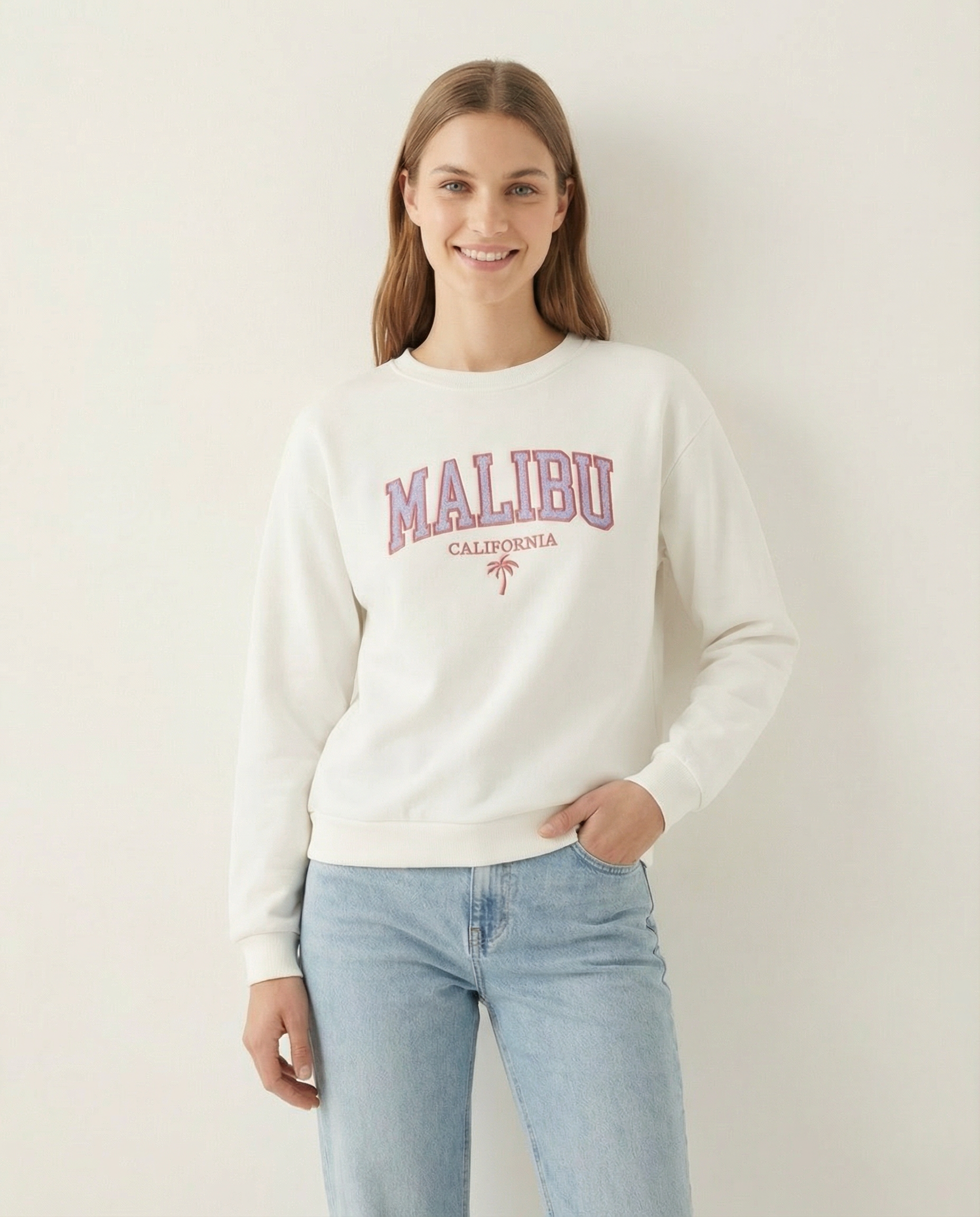 Baskılı Bisiklet Yaka Pamuklu Kadın Sweatshirt