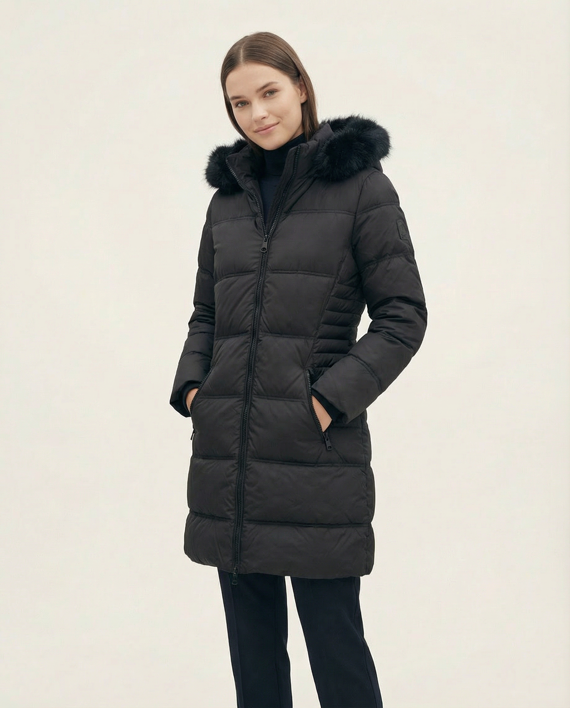 Kadın Siyah Kürklü Kapüşonlu Şişme Mont
