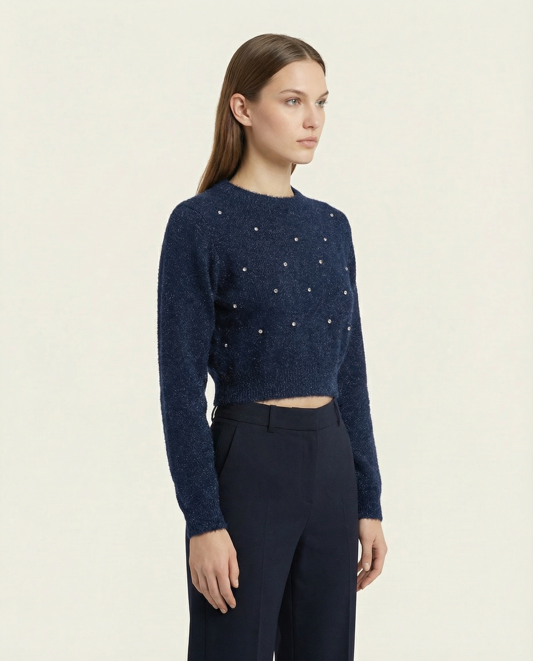 Kadın Lacivert Taş İşlemeli Bisiklet Yaka Yumuşak Dokulu Crop Triko Kazak