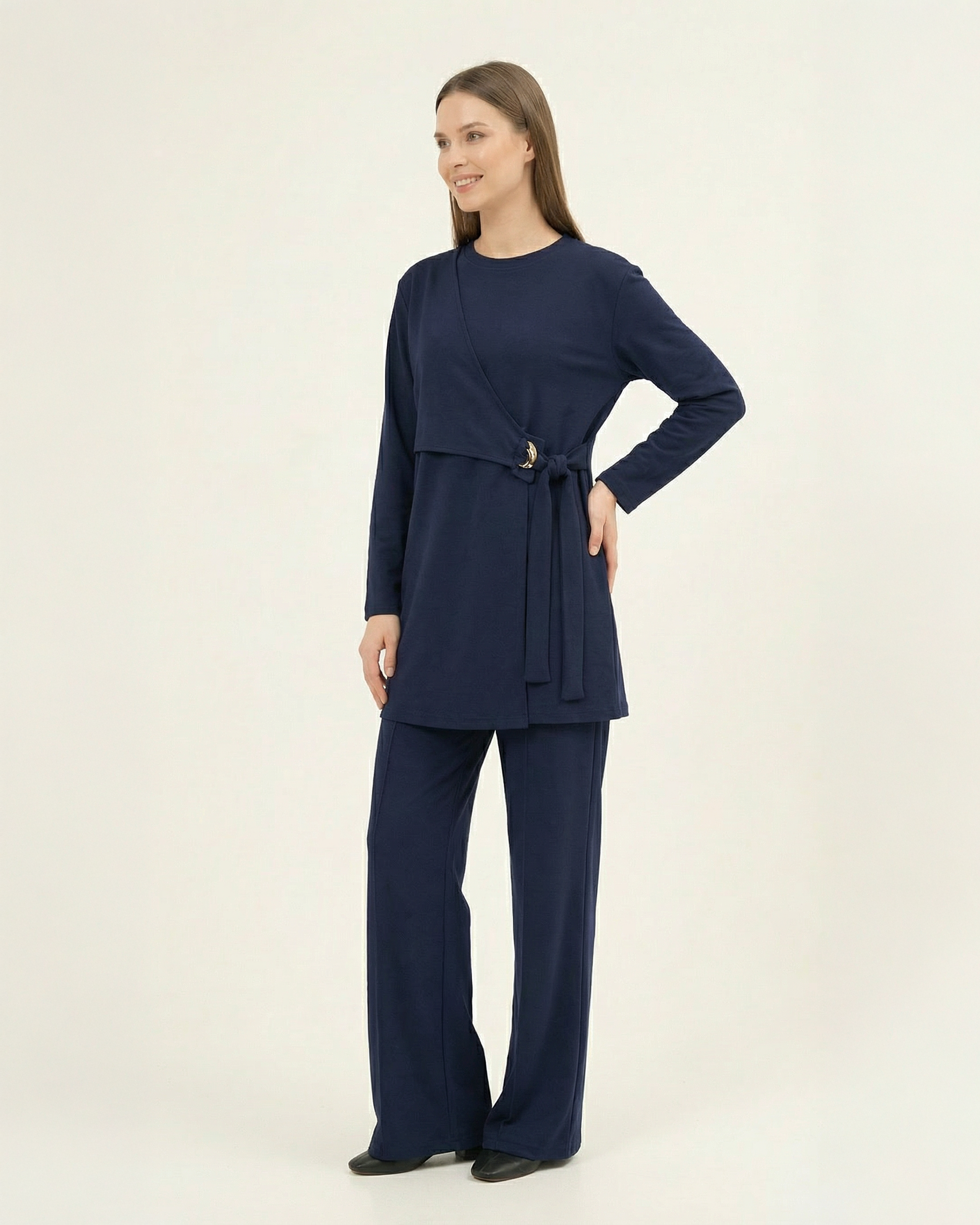 Asimetrik Kesim Toka Detaylı Nervürlü Kadın İkili Takım