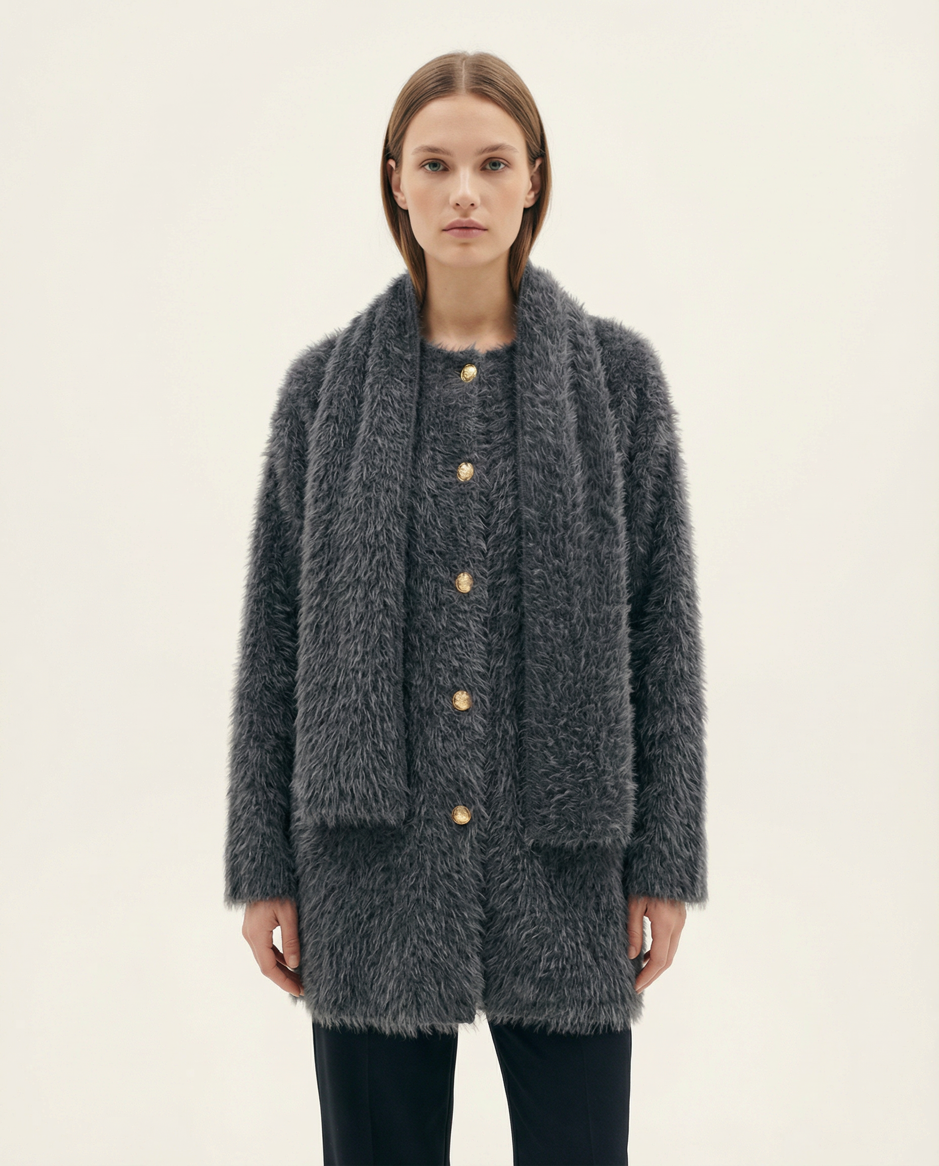 Antrasit Tüylü Dokulu Altın Düğmeli Bisiklet Yaka Şık Kadın Hırka