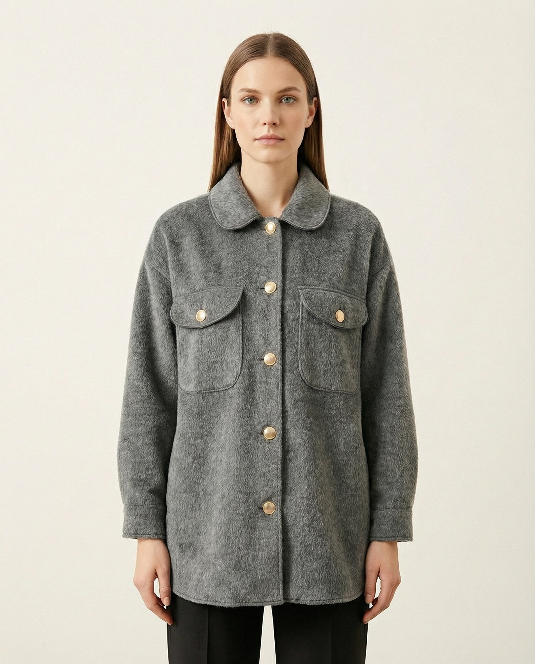 Kadın Siyah Gold Düğmeli Çift Cepli Buklet Gömlek Ceket