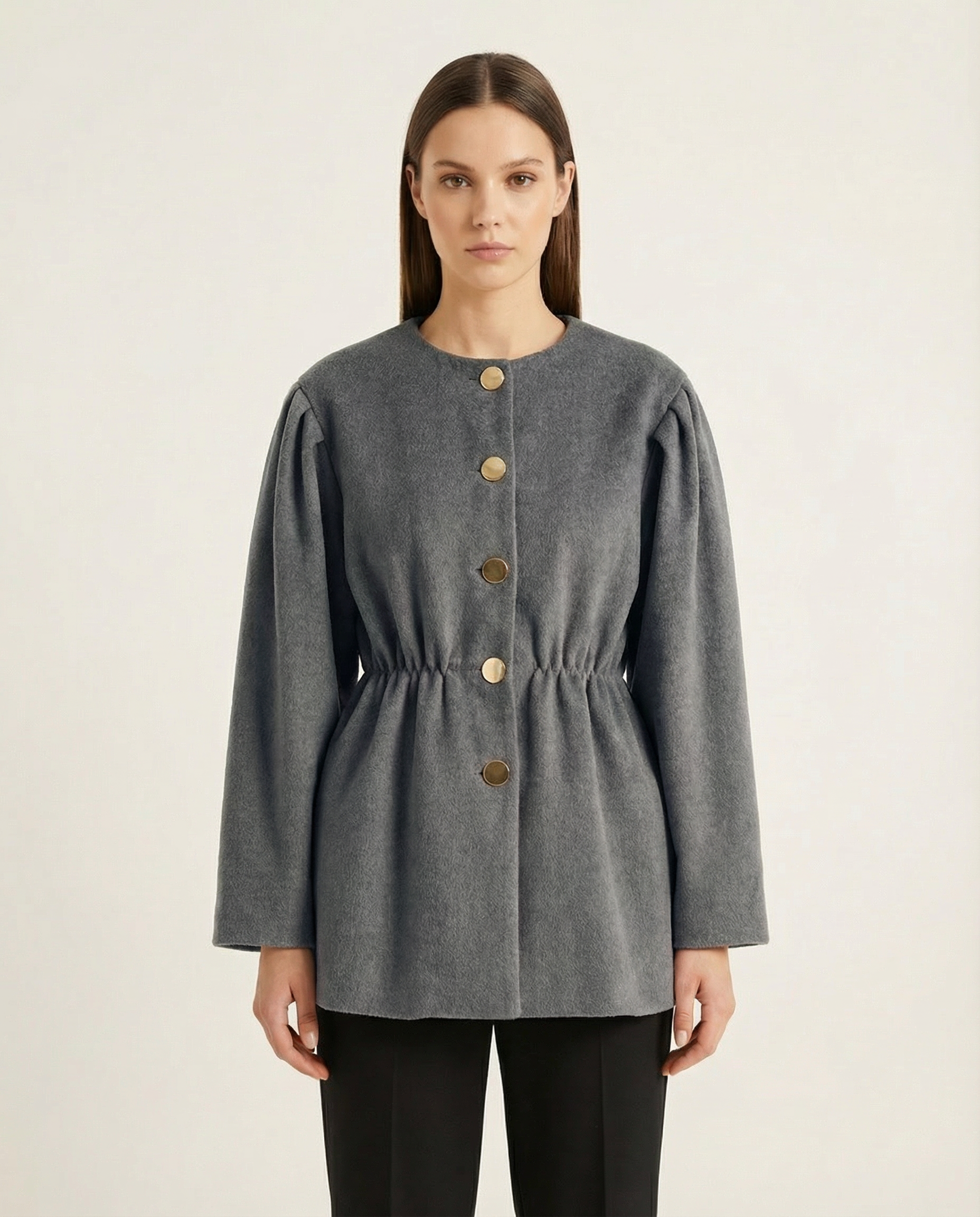 Gold Düğmeli Beli Büzgülü Bisiklet Yaka Kadın Kaşe Ceket