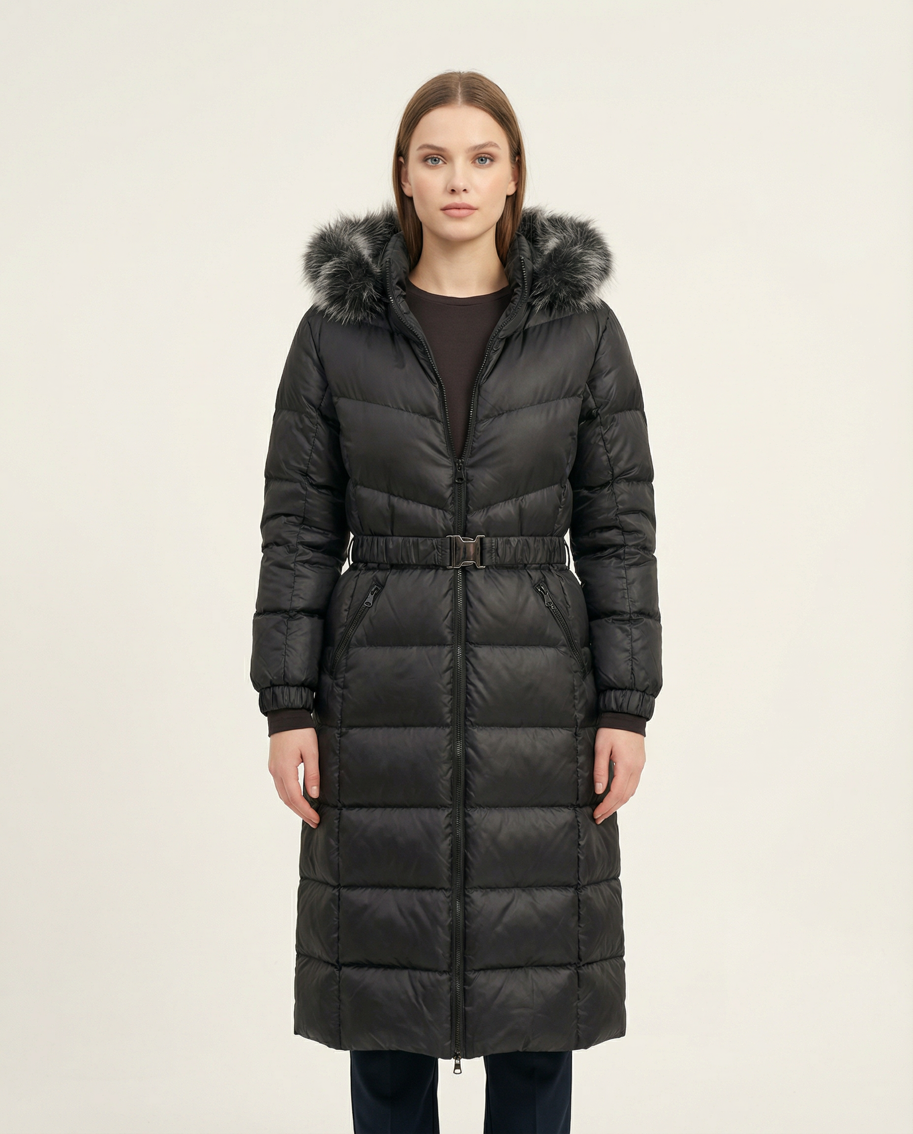 Kadın Kürklü Kapüşonlu Kemerli Uzun Şişme Mont