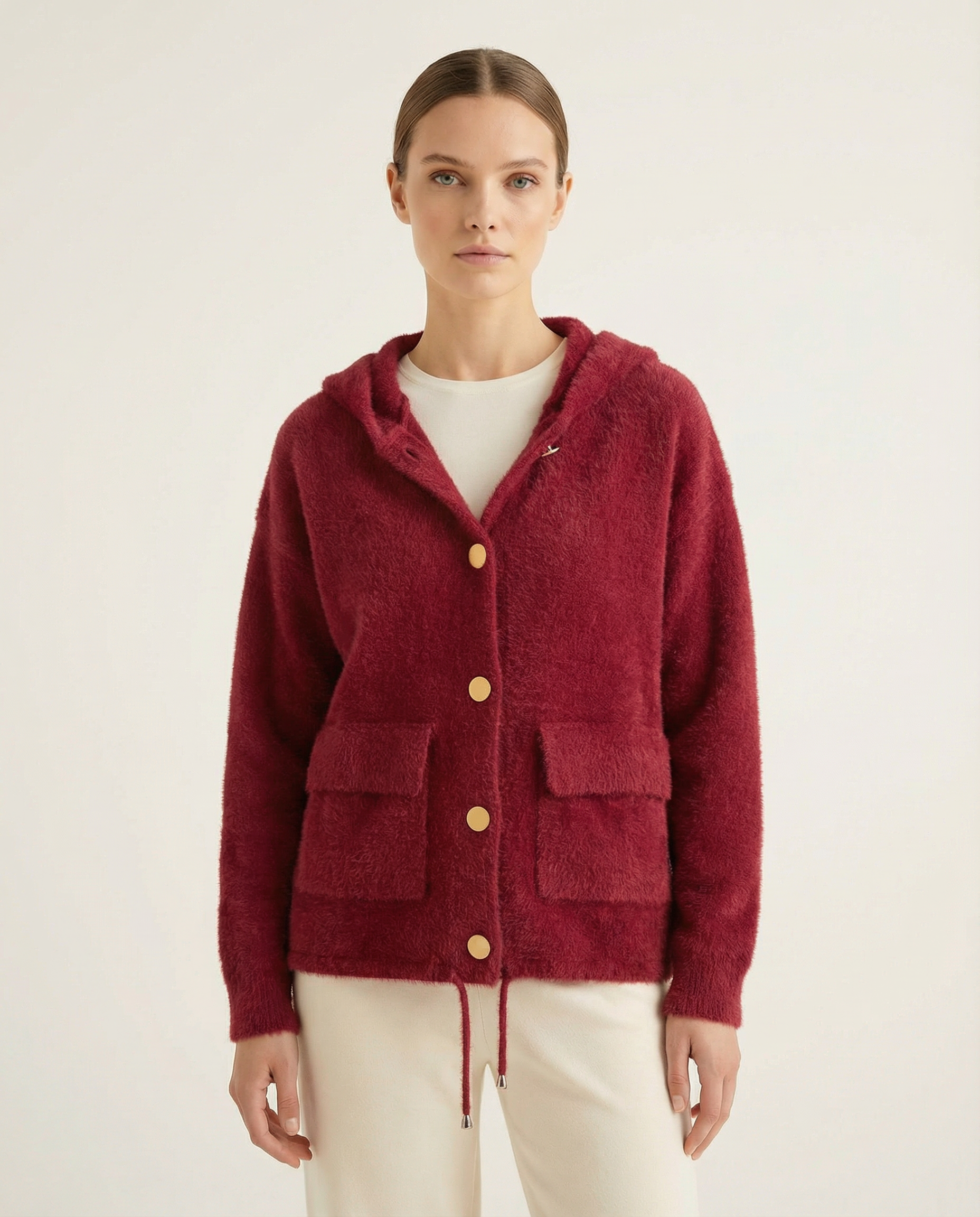 Gold Düğmeli Bisiklet Yaka Beli Büzgülü Kadın Triko Ceket